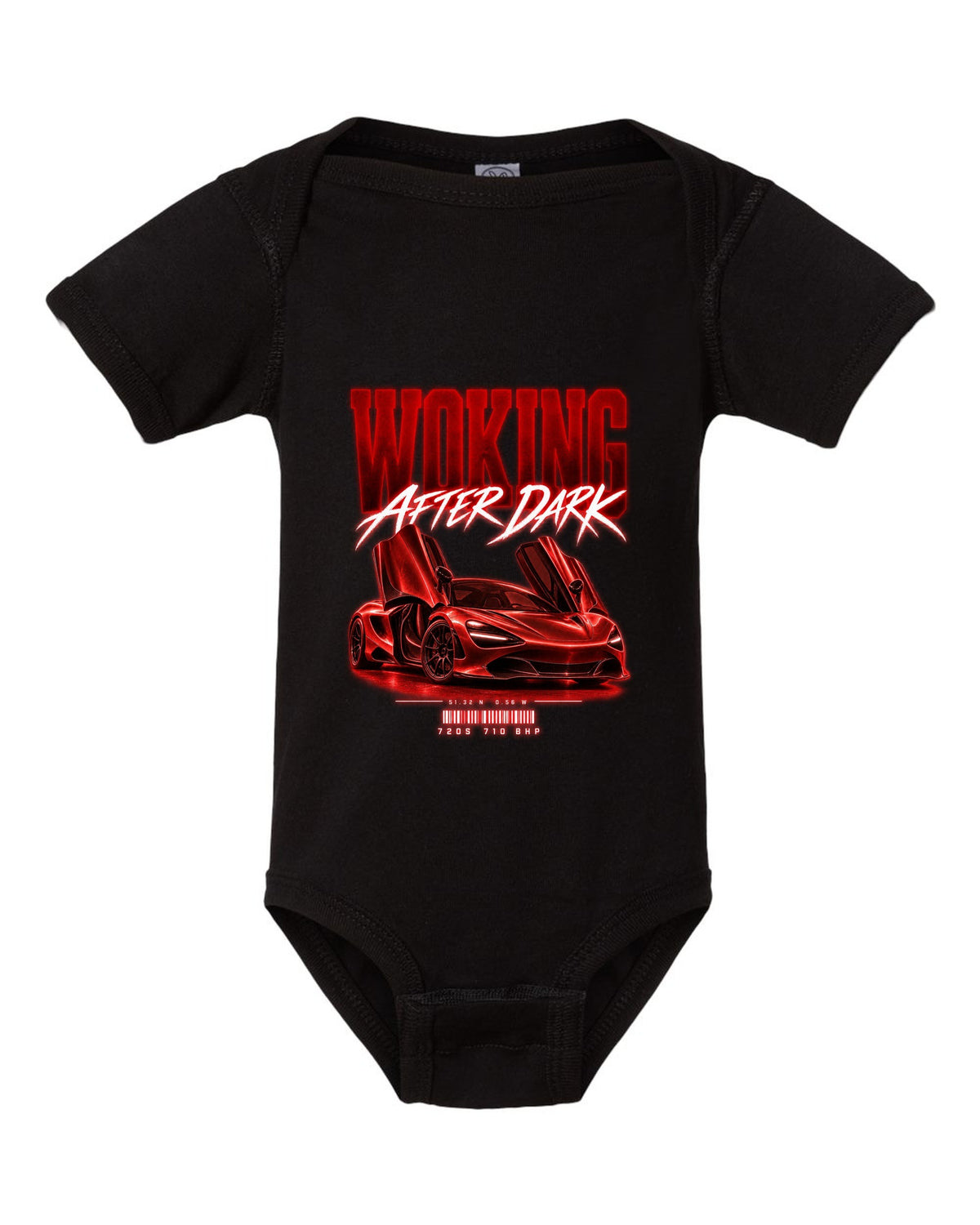 Street poster print of a 2017 McLaren 720S at night with Woking after dark text black baby onesie front view with the design