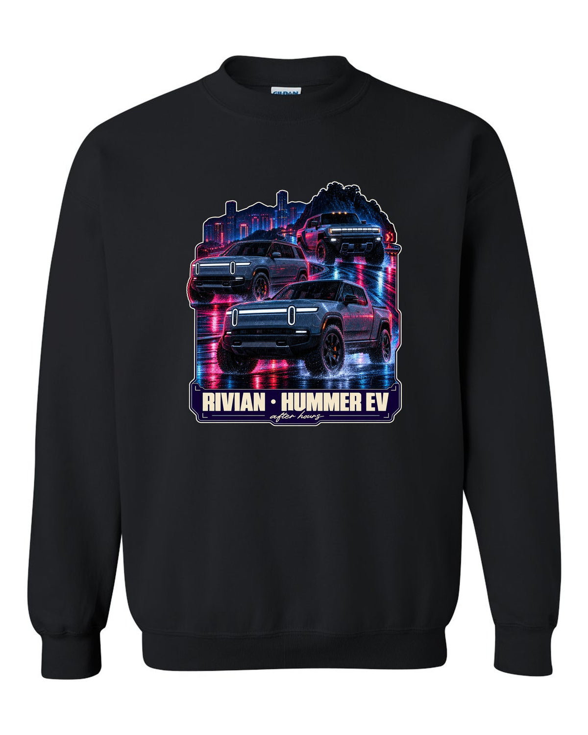 Night street print of the Range Rover Sport SV L461 on a wet road at 2 AM black crewneck front view with the design