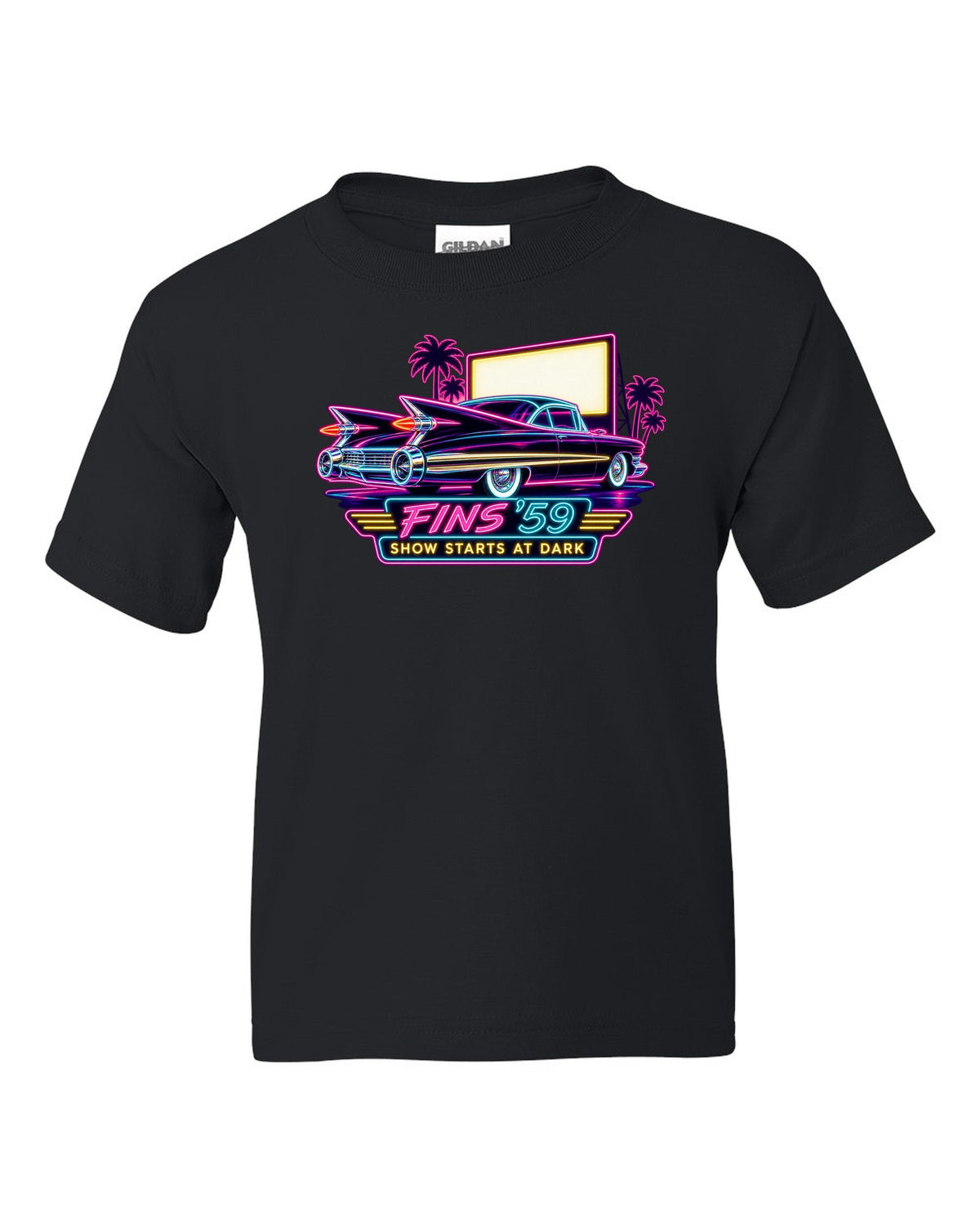 1959 Cadillac Coupe de Ville under neon sign glow at a night drive-in black kids tee front view with the design