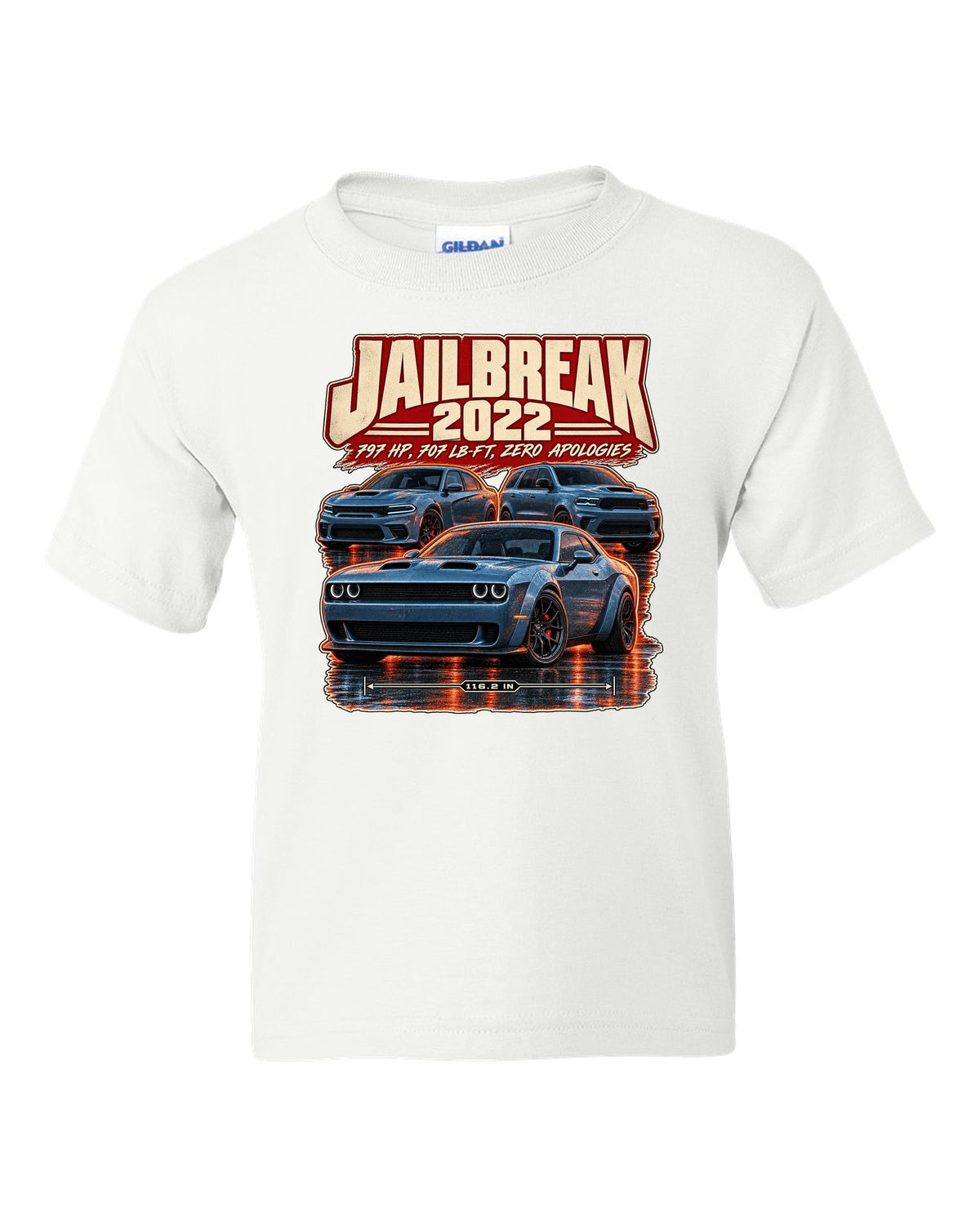 Dodge Challenger Hellcat Redeye Jailbreak 2022 street poster print white kids tee front view with the design