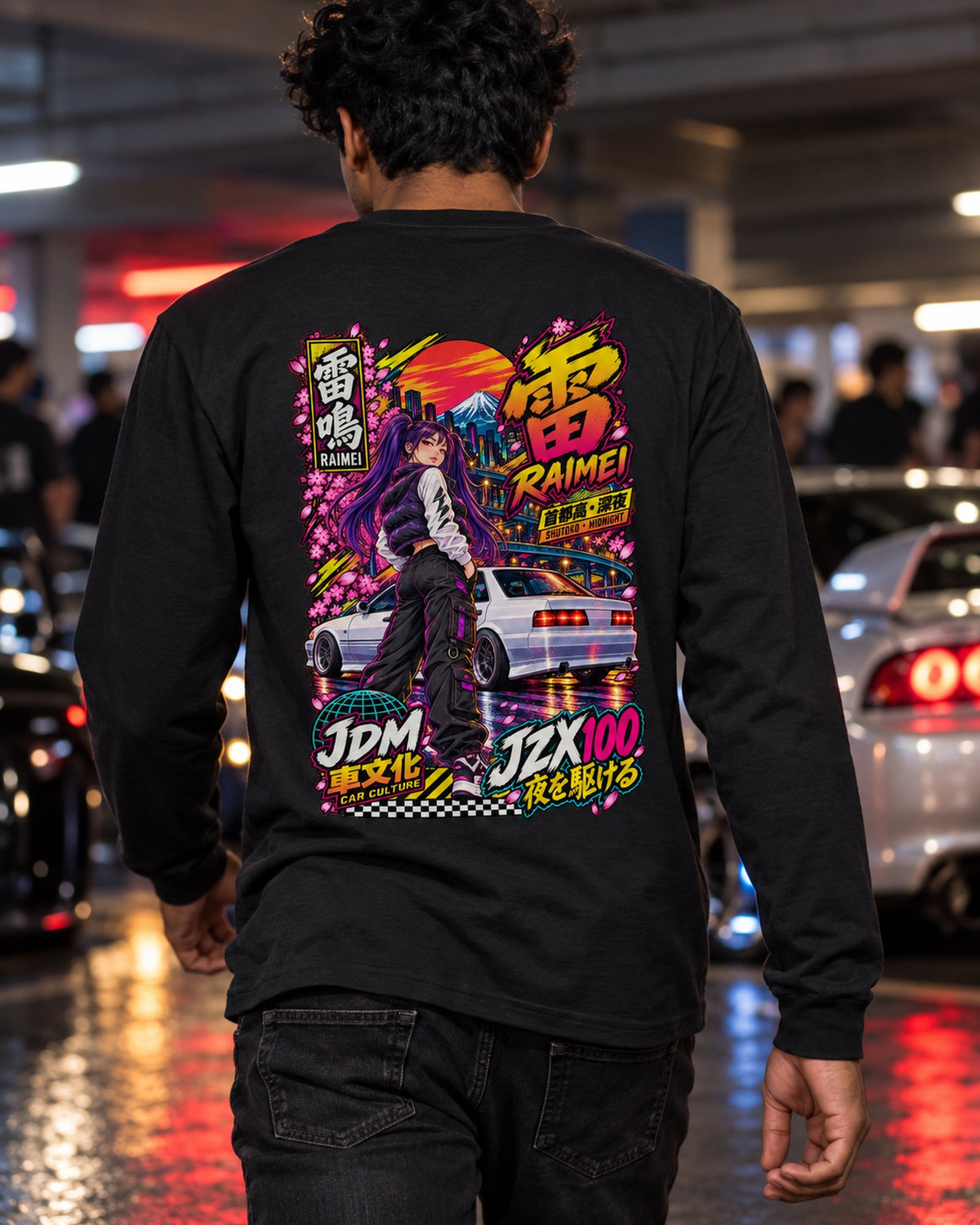 RAIMEI JZX100 Anime Girl Full-Back Graphic Tee Long Sleeve Black worn hero