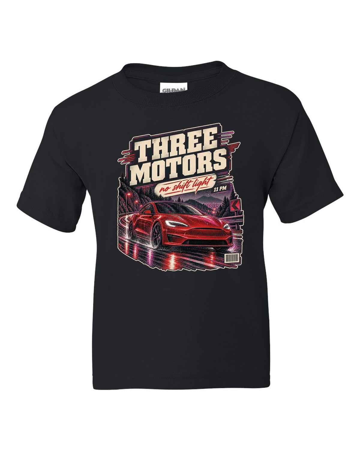 Night street print of a Tesla Model S Plaid on a wet road black kids tee front view with the design