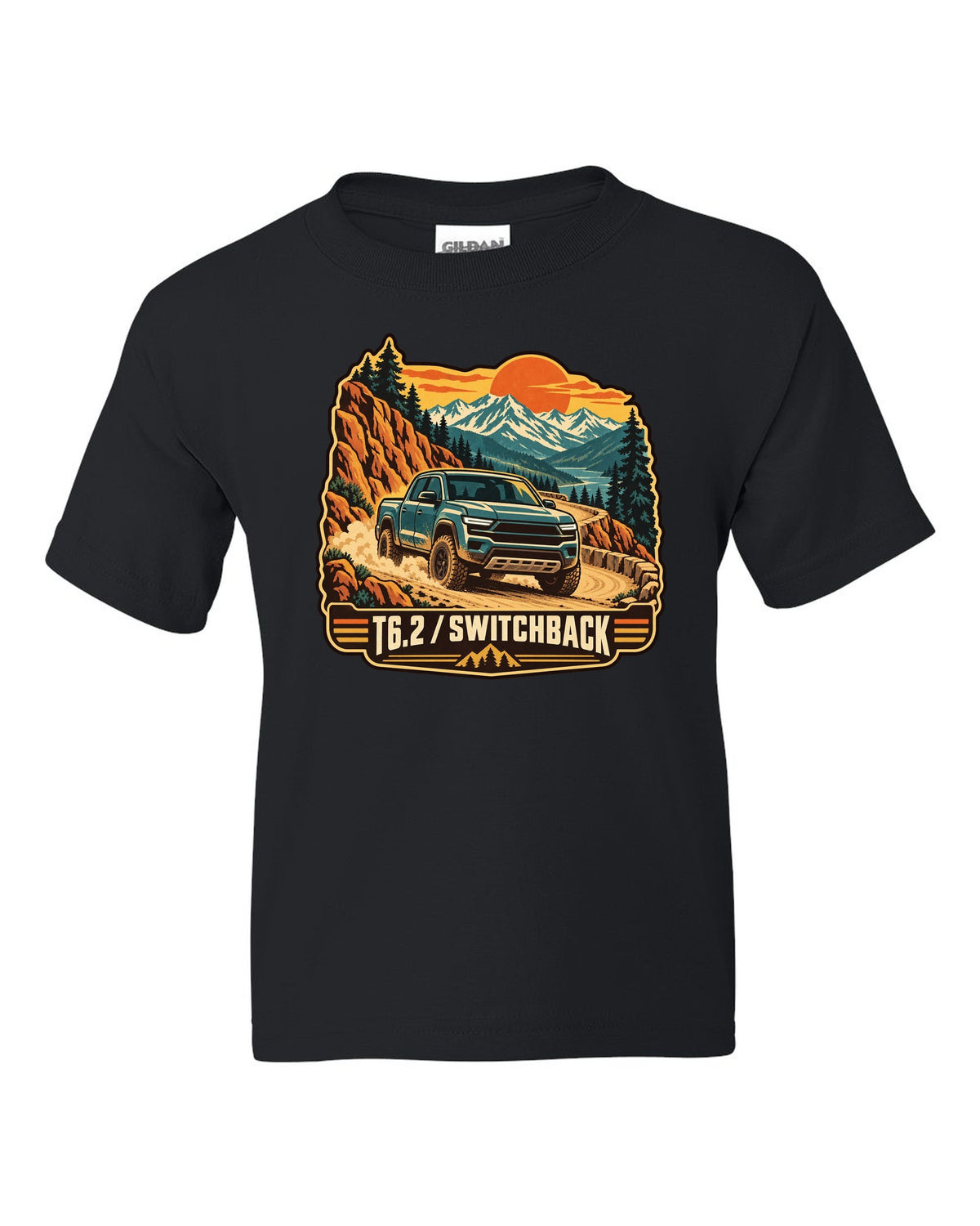 Vintage travel poster print of a 2022-present Ford Ranger T6.2 P703 on a switchback road black kids tee front view with the design