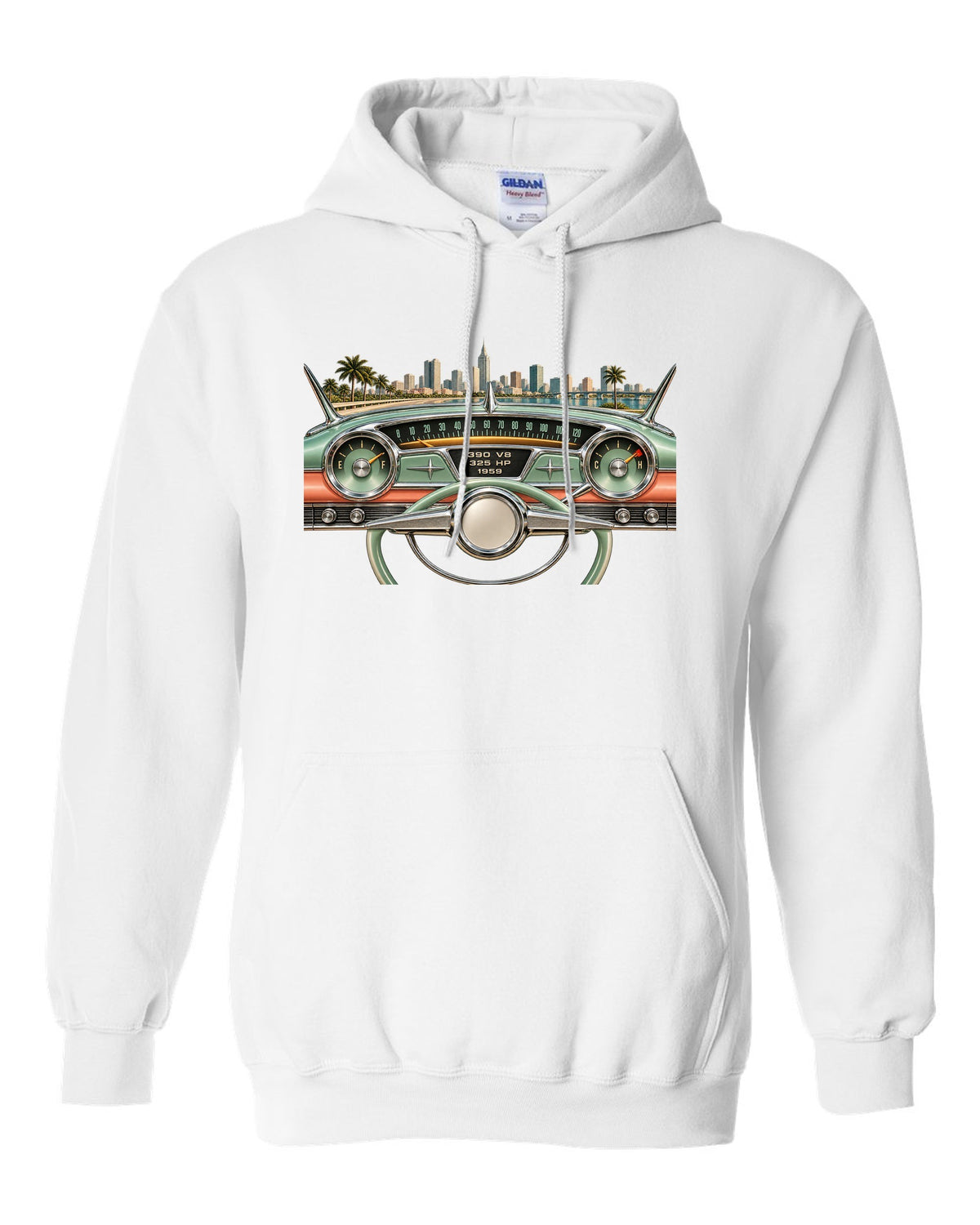 1959 Cadillac Series 62 dashboard instrument cluster HUD graphic with 390 V8 text white pull over hoodie front view with the design