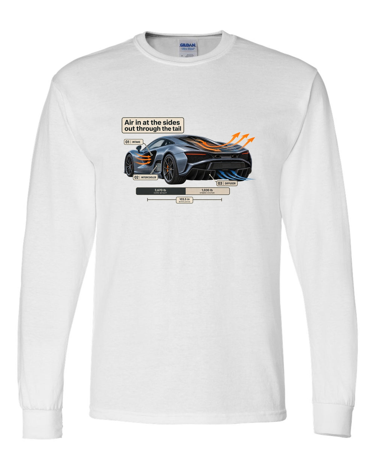 Aero cutaway print of a 2019 Acura NSX NC1 with airflow callouts white long sleeve front view with the design