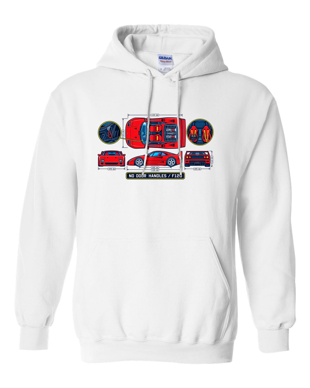 Technical blueprint print of a 1987 Ferrari F40 F120 cabin with no door handles text white pull over hoodie front view with the design