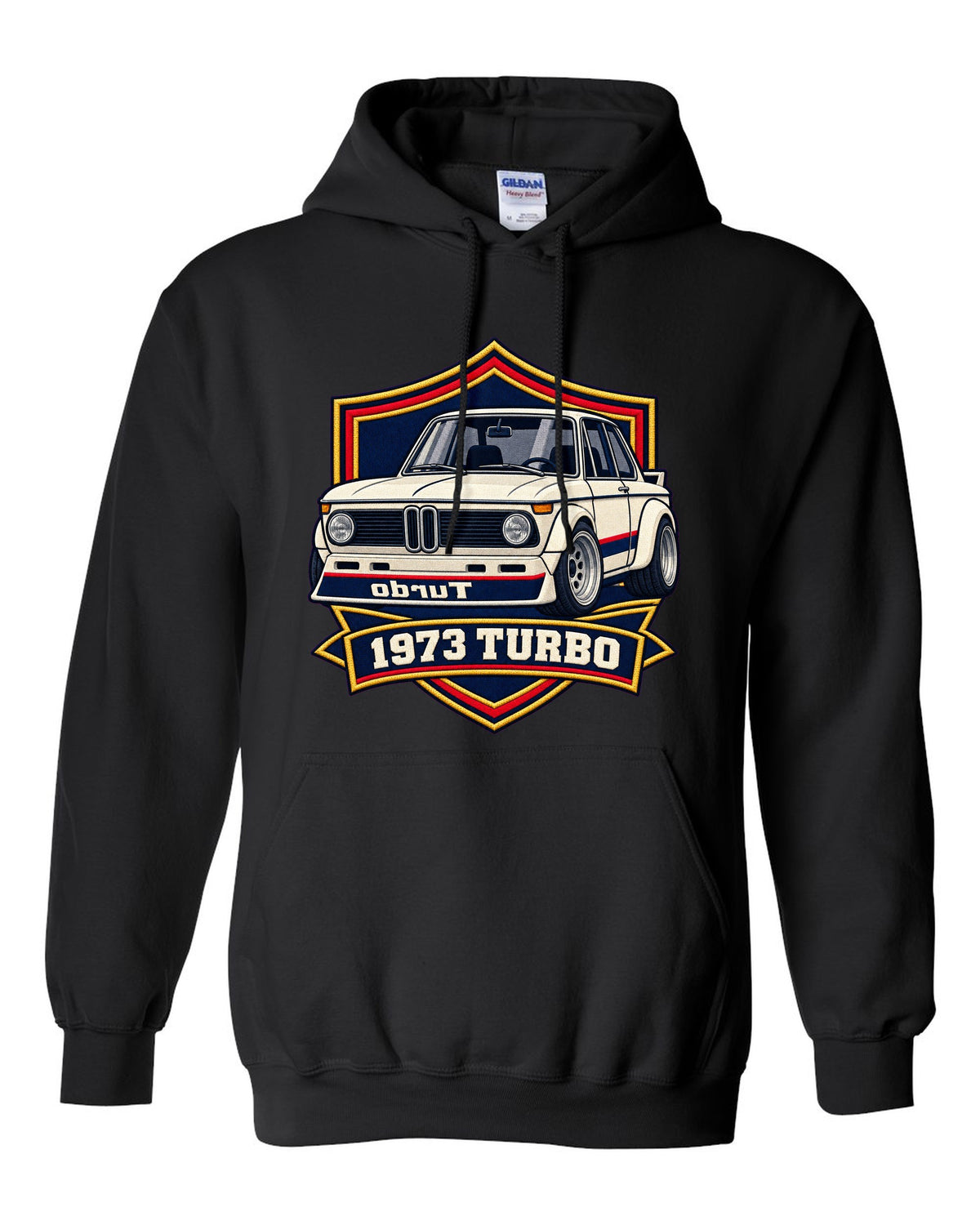 BMW 2002 turbo varsity crest print with mirrored turbo lettering and 1973 black pull over hoodie front view with the design