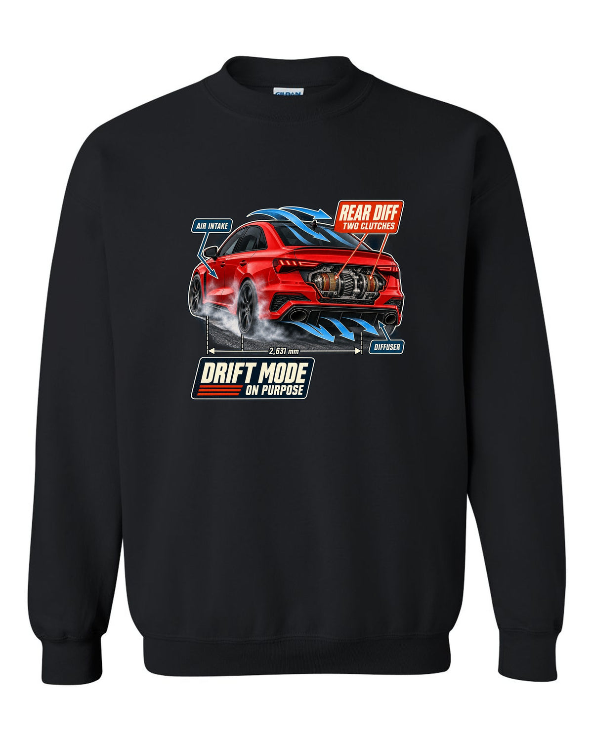 Cutaway callouts on an Audi RS3 8Y sedan showing rear diff and two clutches black crewneck front view with the design