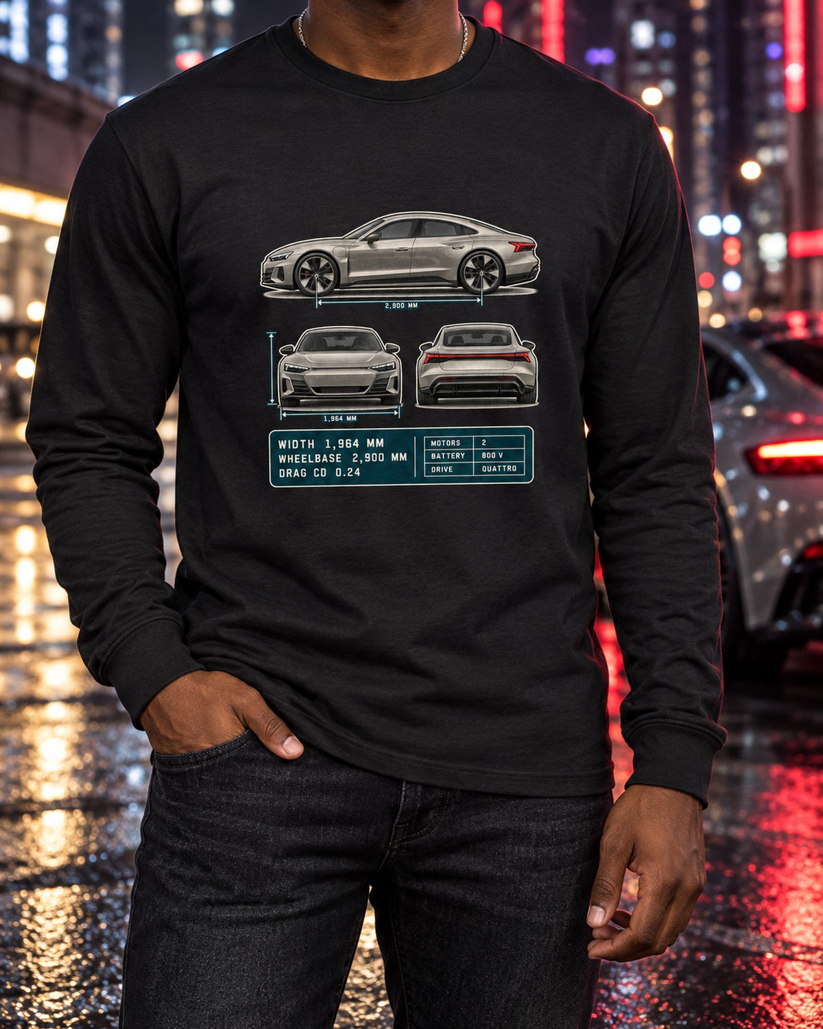 Audi RS e-tron GT Three-View Spec Table Tee, Cd 0.24 Car Shirt Long Sleeve Black worn hero