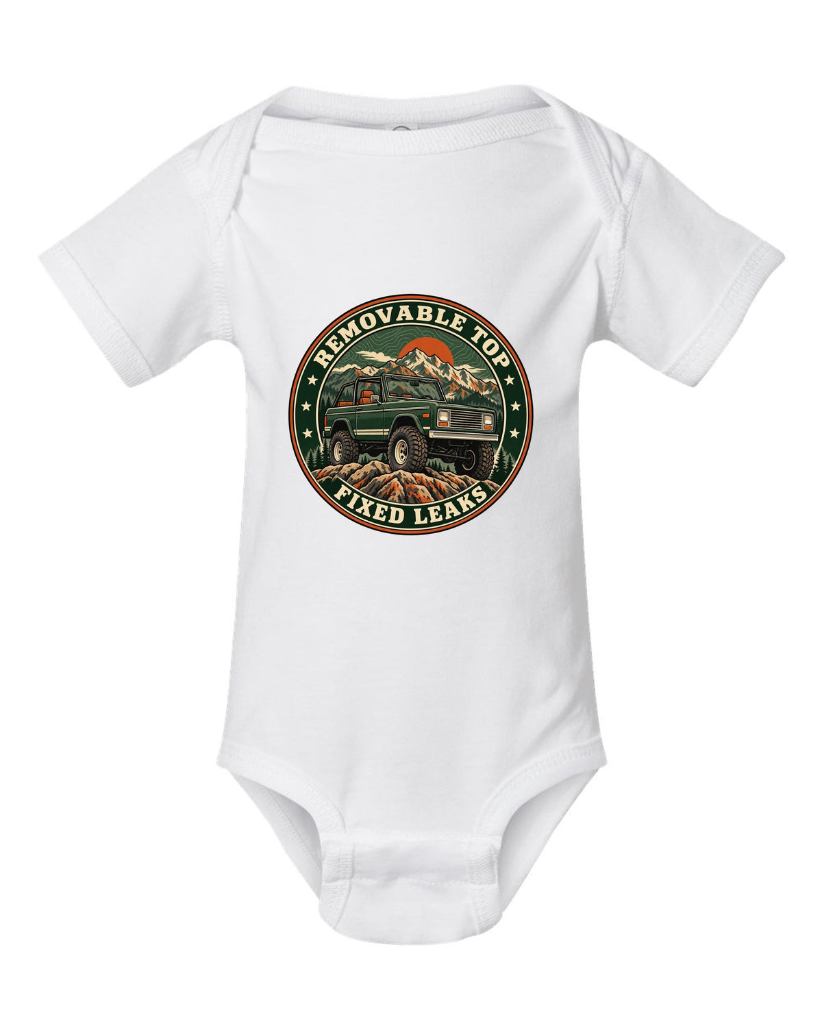 Topographic route map print for the 1973-91 Chevrolet K5 Blazer with removable top text white baby onesie front view with the design