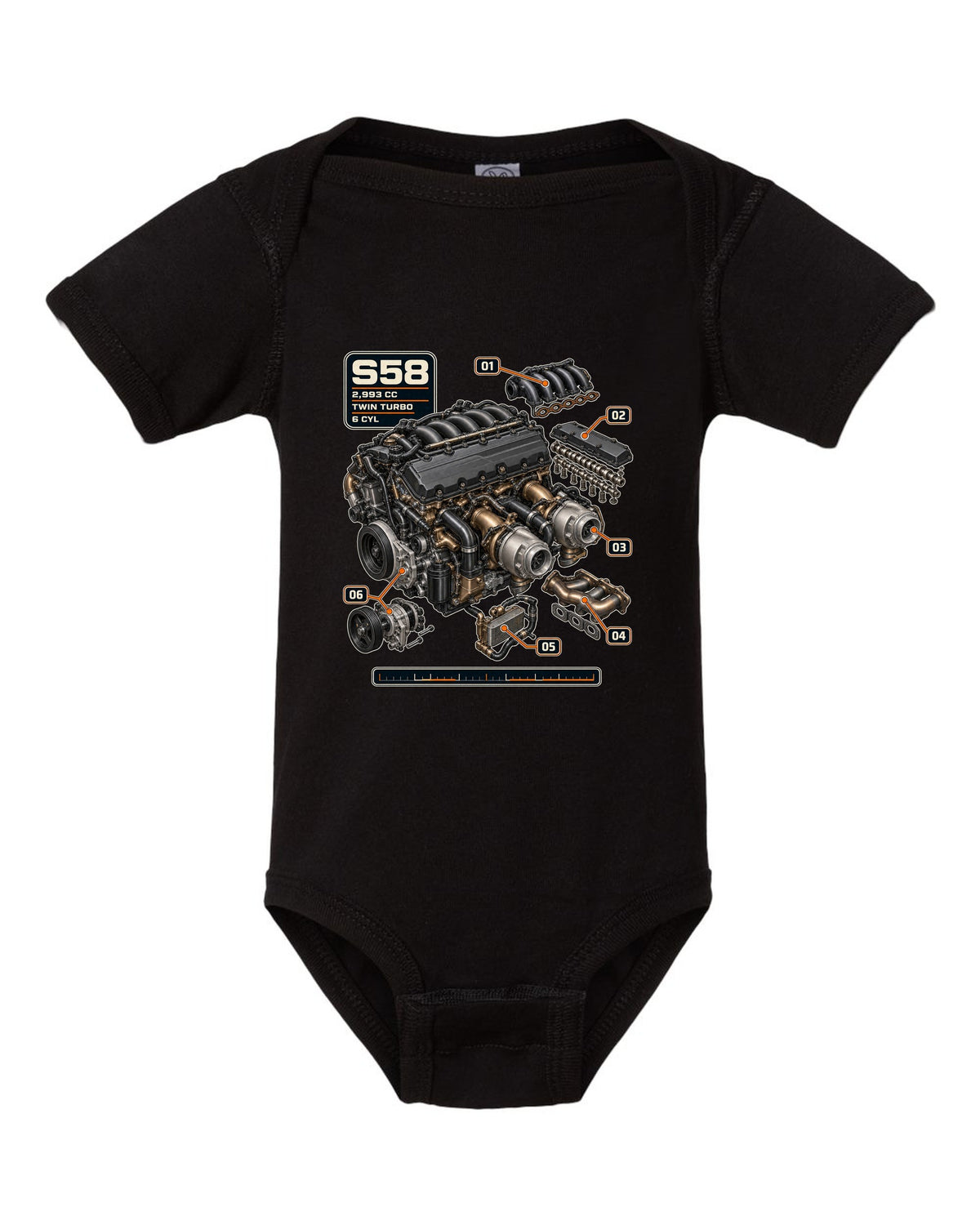 BMW S58 twin-turbo inline-six engine print with 2,993 cc text black baby onesie front view with the design