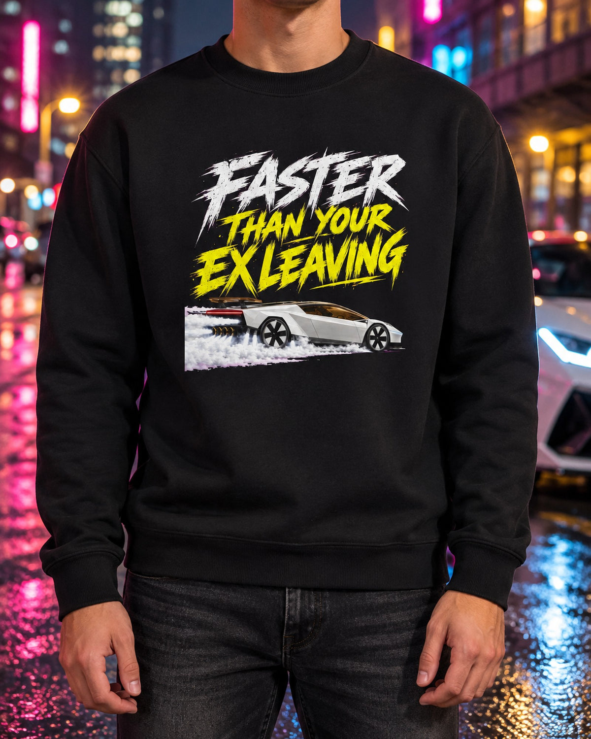 Faster Than Your Ex Leaving Tesla Roadster Shirt, Hoodie & More Crewneck Black worn hero
