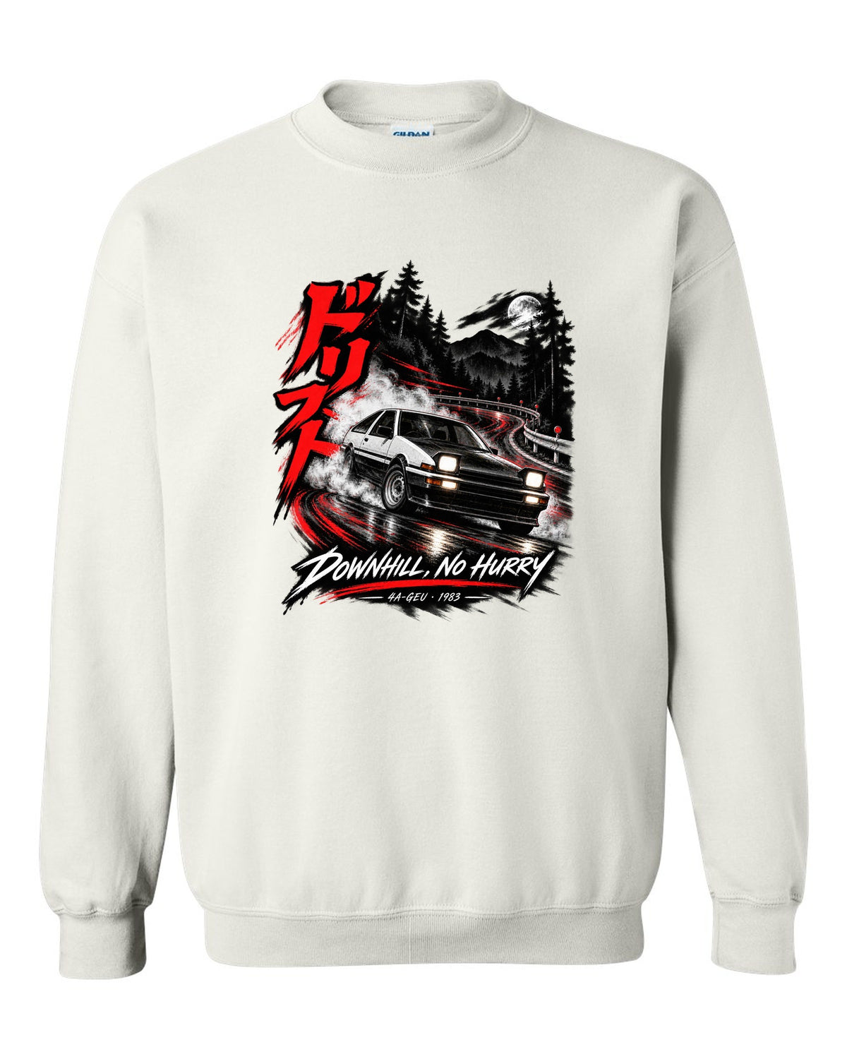 Touge night print of a Toyota Sprinter Trueno AE86 zenki with drift kanji and Downhill No Hurry text white crewneck front view with the design
