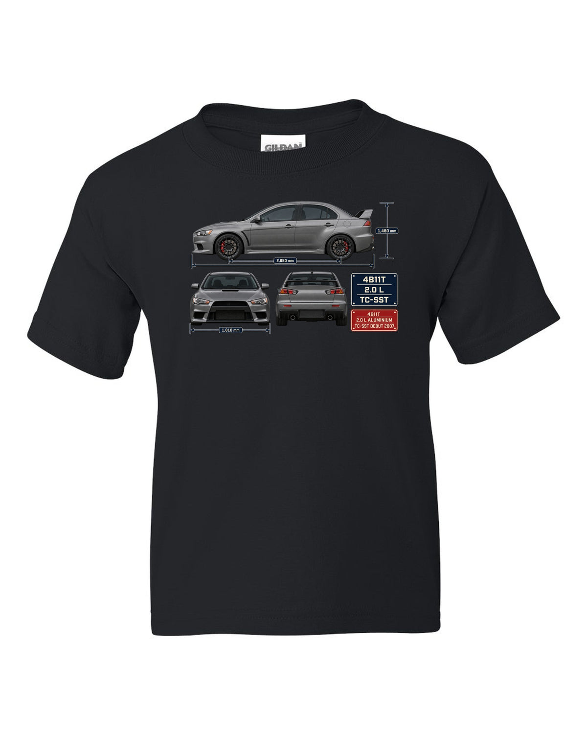 Evo X GSR Three-View Spec Table Tee, Mitsubishi Lancer black kids tee front view with the design