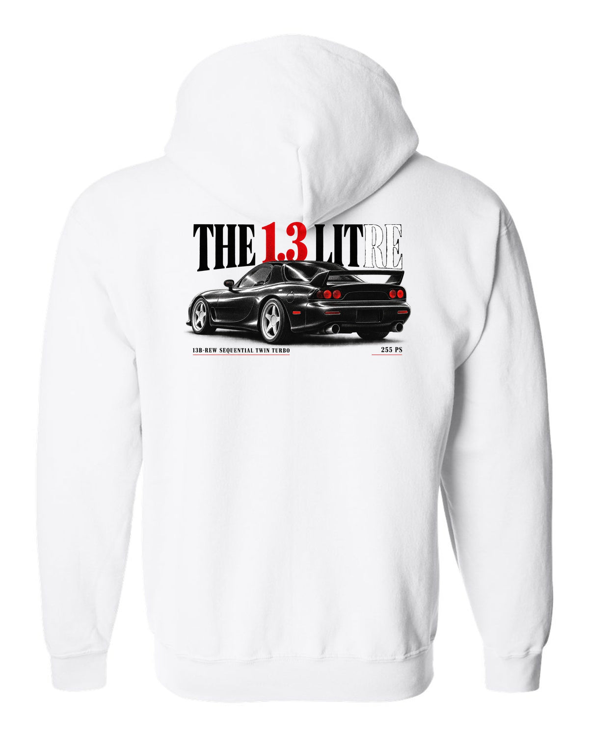 Editorial headline print for the 1992 Mazda RX-7 FD3S with 13B-REW sequential twin turbo and 255 PS white zip hoodie back view with the design