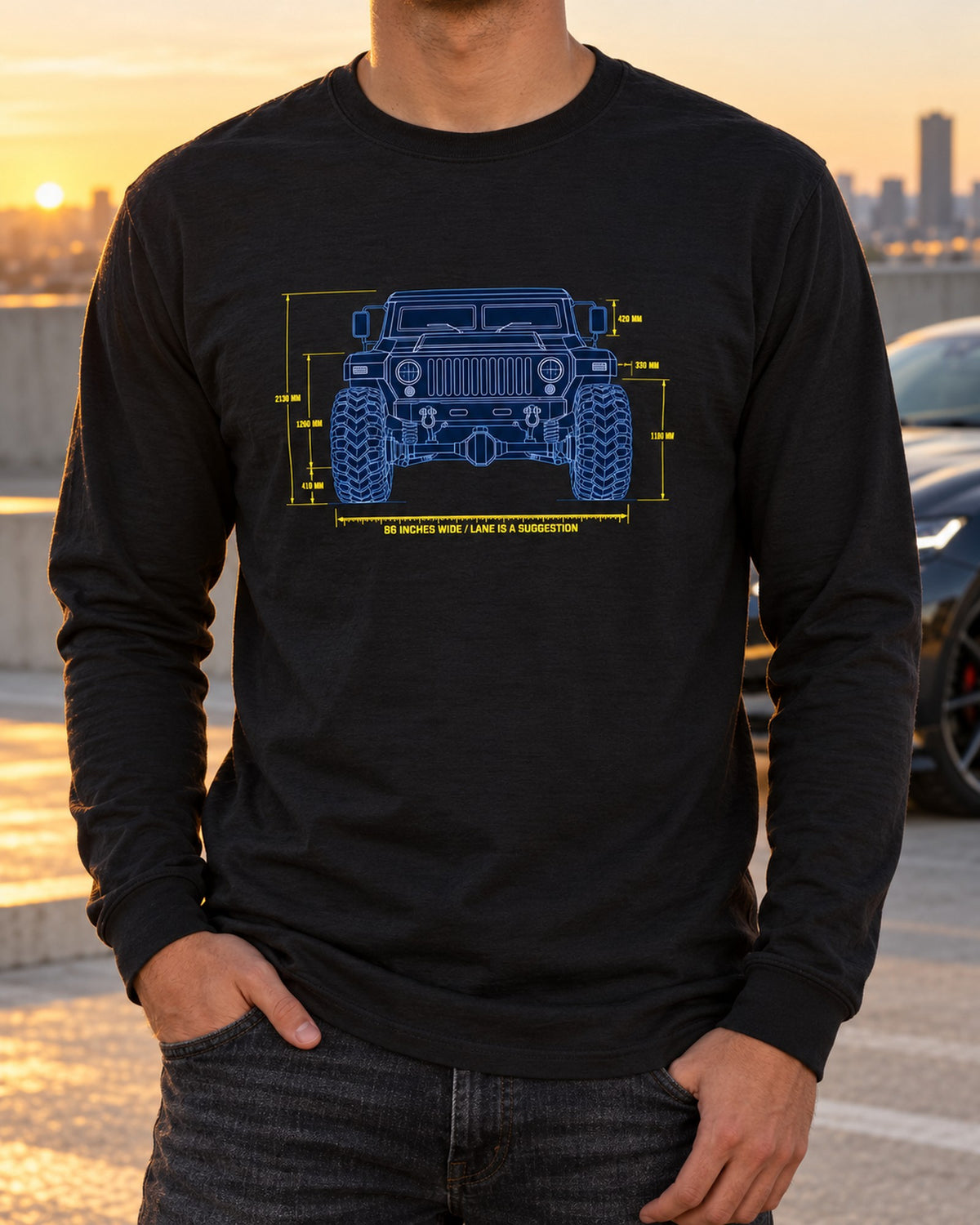 Hummer H1 M998 Lineage Width Blueprint Shirt, 86 Inches Wide Long Sleeve Black worn hero
