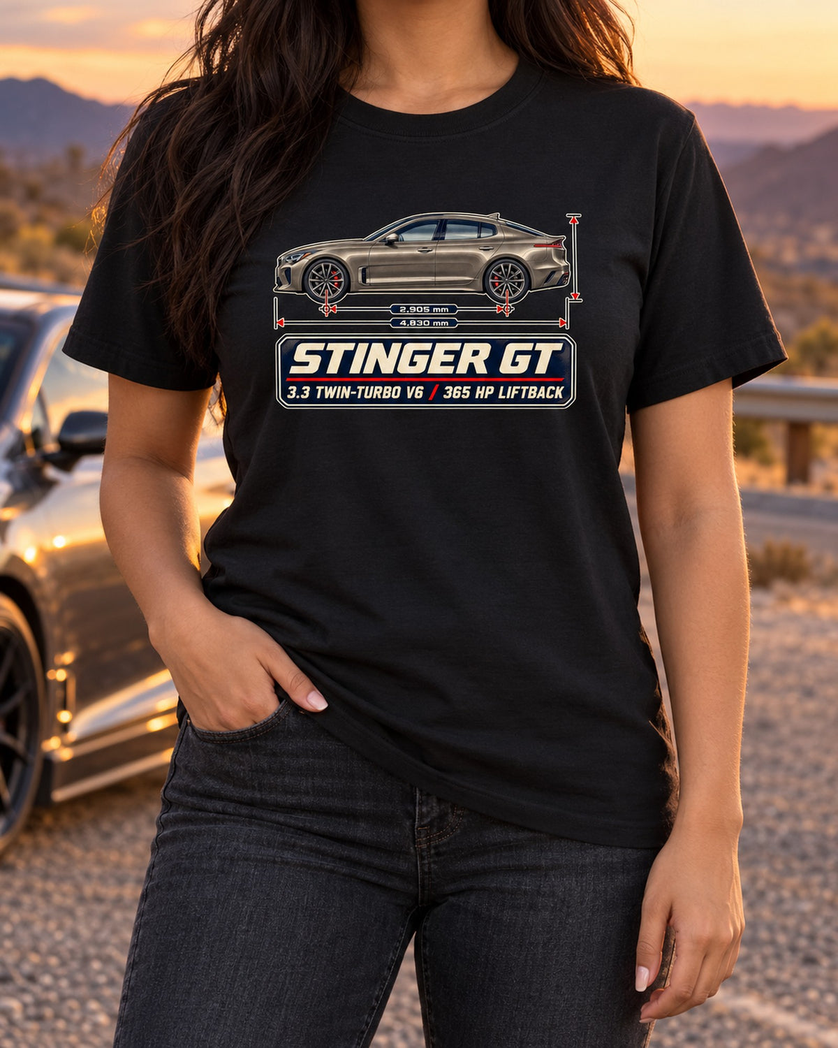 Kia Stinger GT 3.3 Twin-Turbo V6 Blueprint Shirt, 365 HP T-Shirt Black worn hero