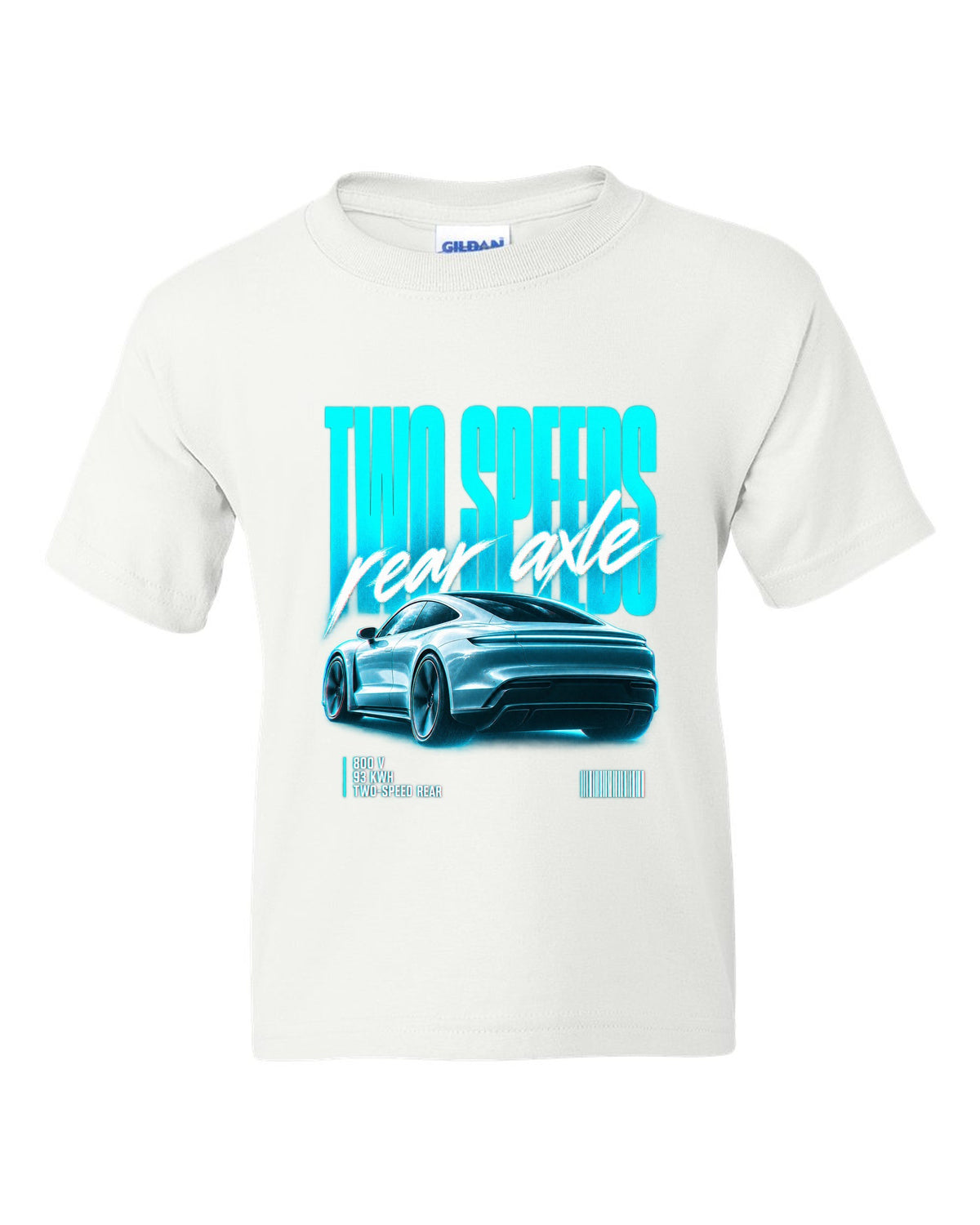 Audi e-tron GT 2021 rear three-quarter street poster with two speeds text white kids tee front view with the design