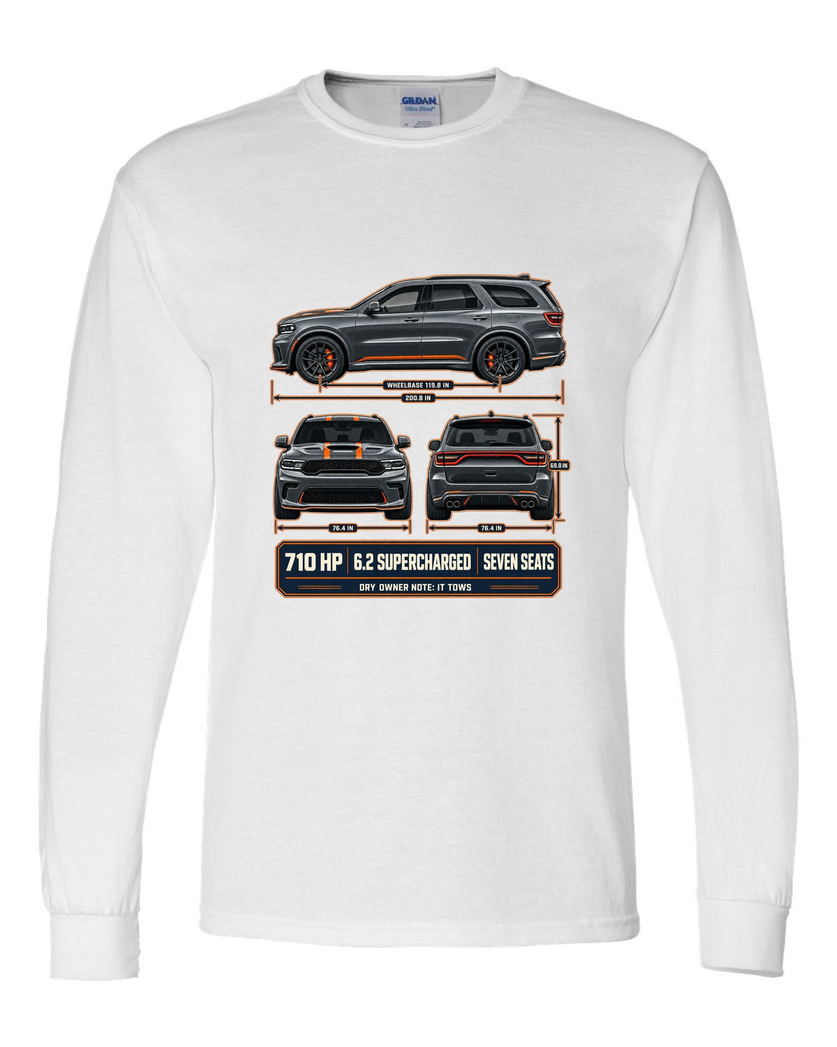 Dodge Durango SRT Hellcat 2021 three-view drawing with spec table print white long sleeve front view with the design