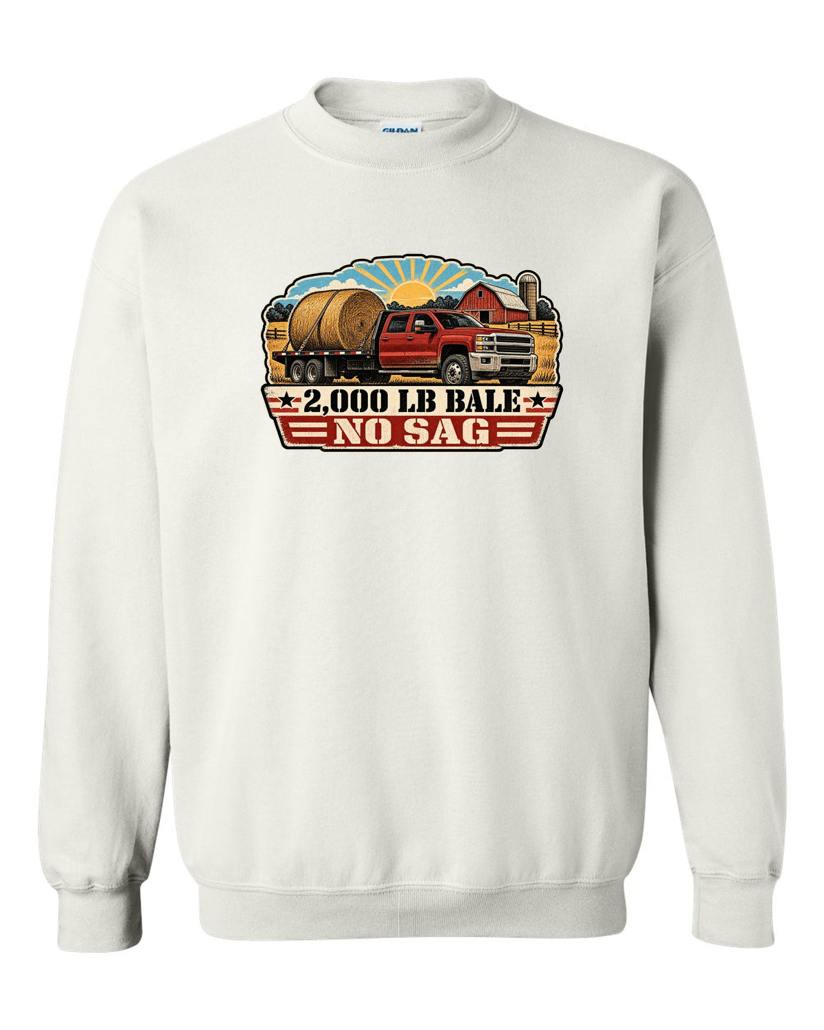 Distressed screen-print print of a 2010-2018 Ram 3500 6.7 Cummins hauling a round bale white crewneck front view with the design