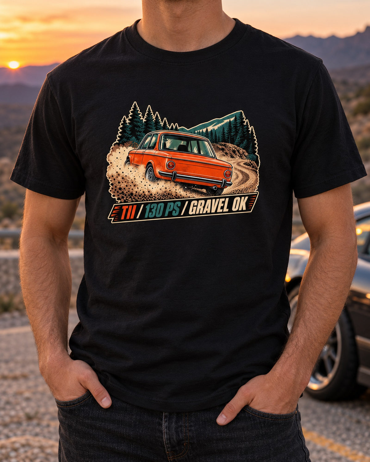 BMW 2002 tii Hillclimb Race Poster Tee, 130 PS T-Shirt Black worn hero