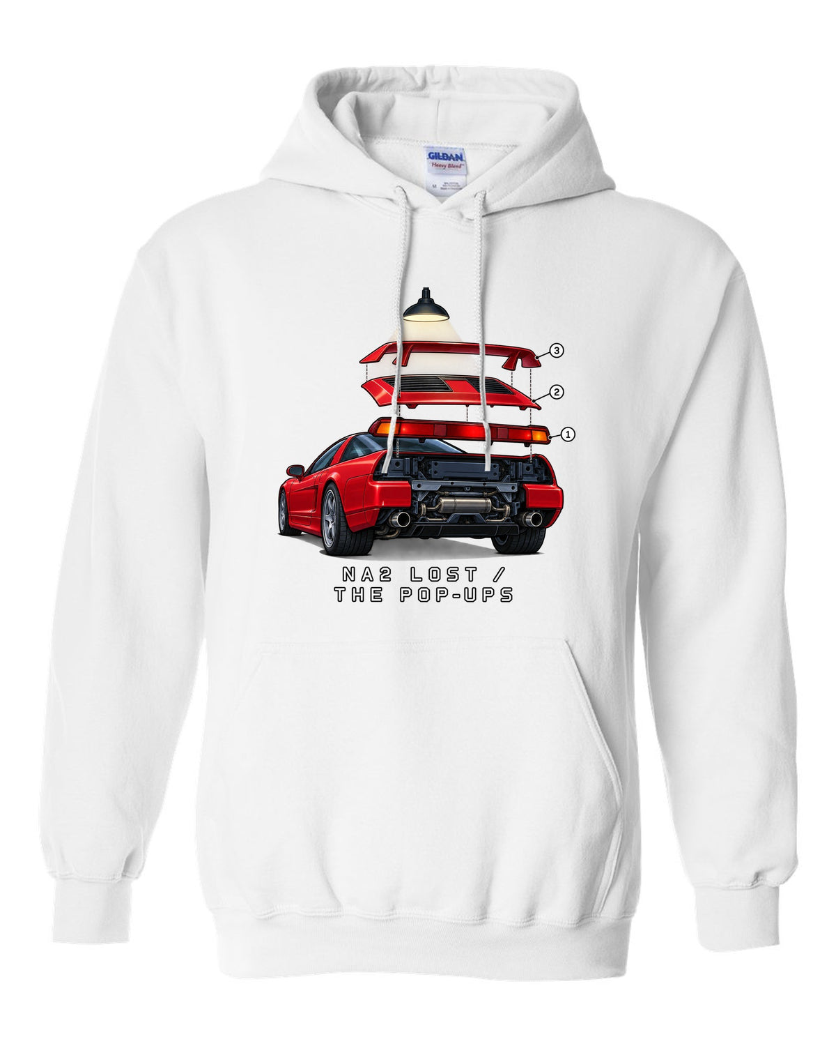 Isometric exploded taillight diagram of a 2002 Honda NSX NA2 with NA2 Lost The Pop-Ups lettering white pull over hoodie front view with the design