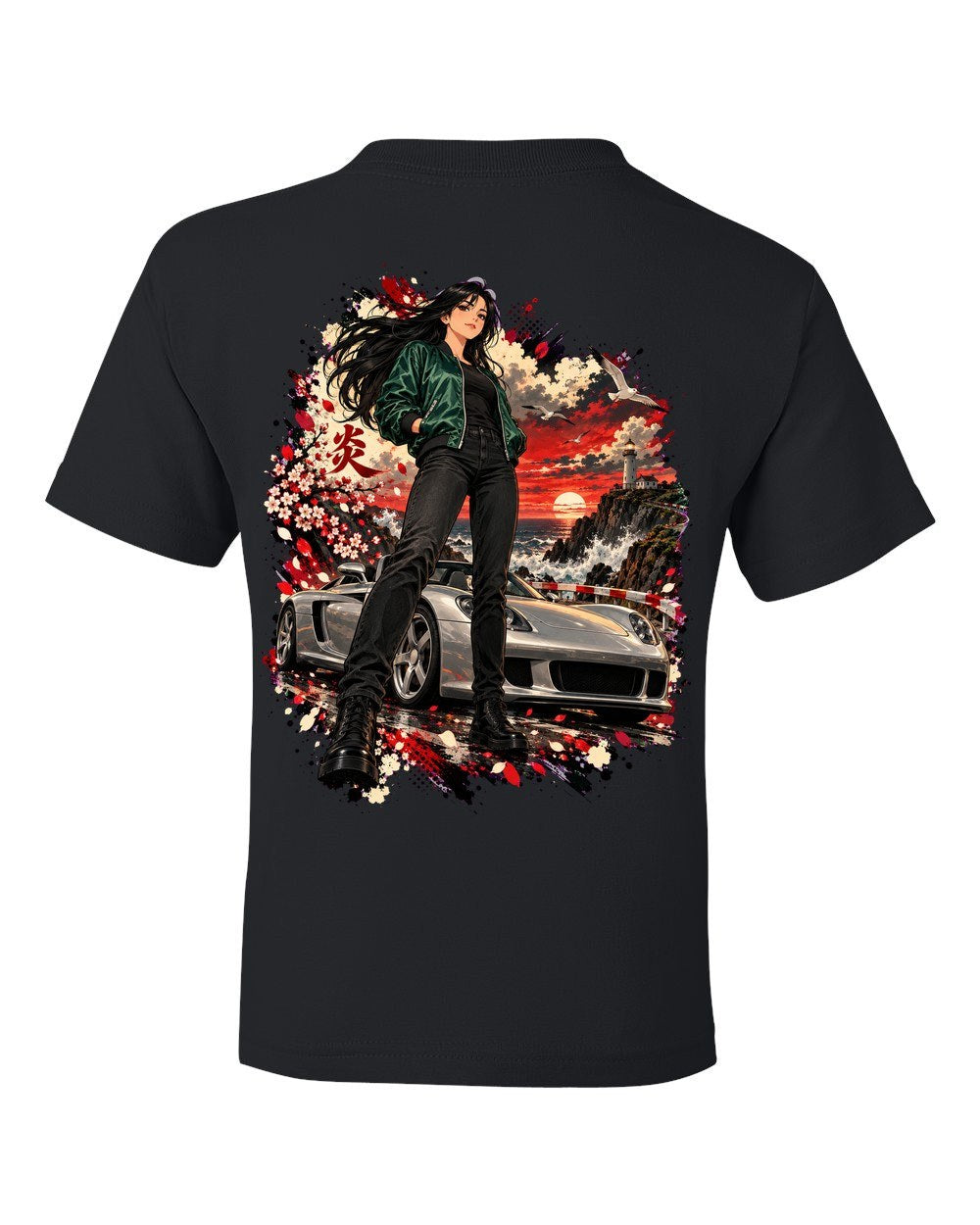 Porsche Carrera GT Anime Girl Kids Tee Black back
