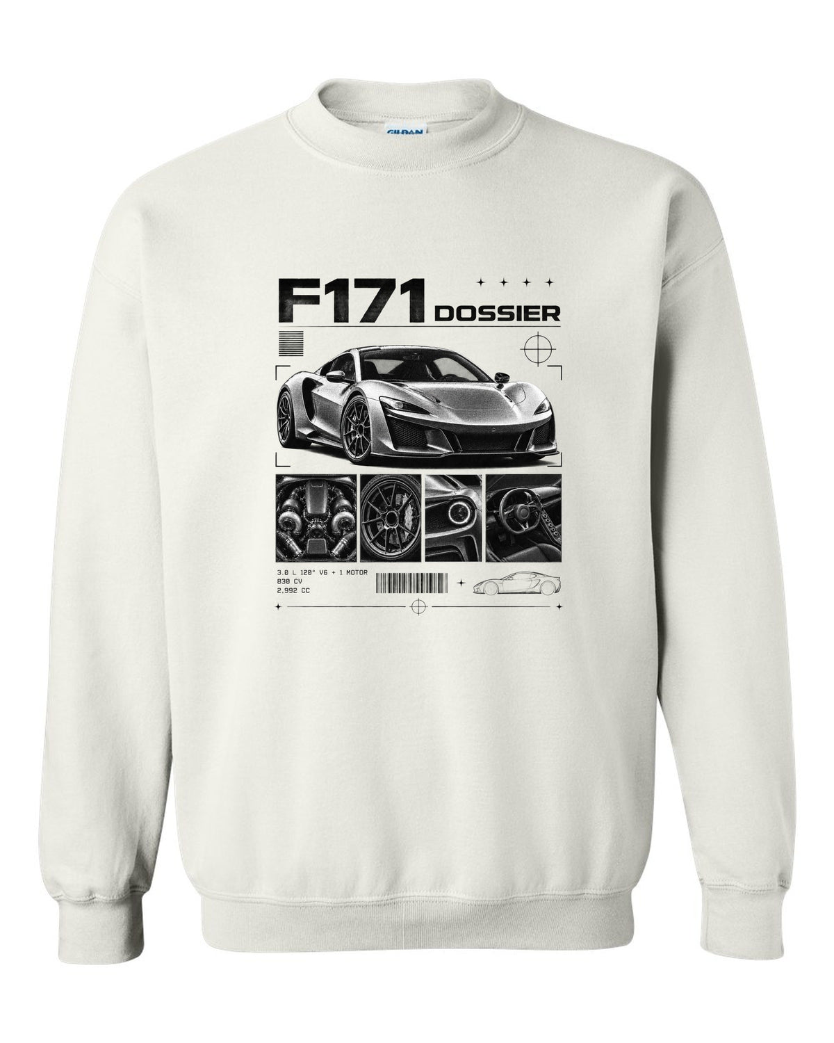Dossier panel print of a Ferrari 296 GTB F171 with 3.0 L 120 degree V6 plus one motor, 830 CV white crewneck front view with the design