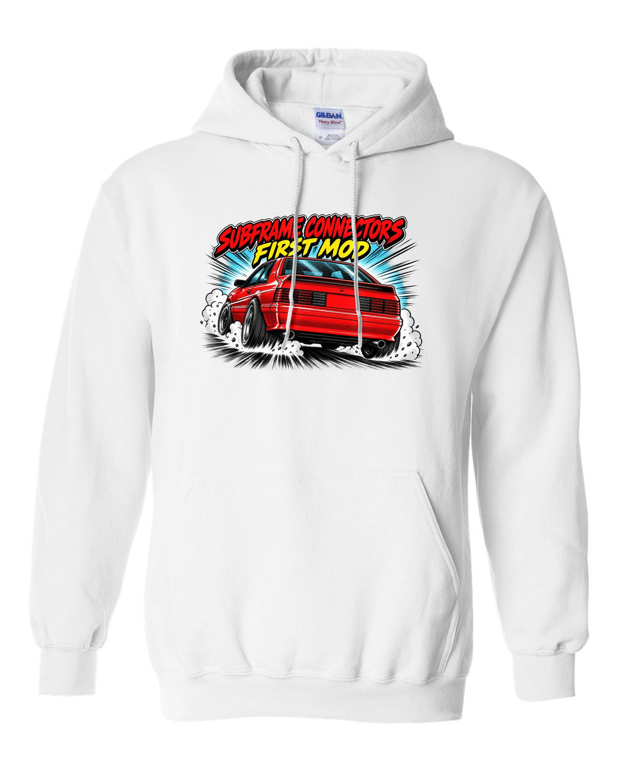 Retro manga halftone panel print of a 1991 Ford Mustang Fox Body GT chback white pull over hoodie front view with the design
