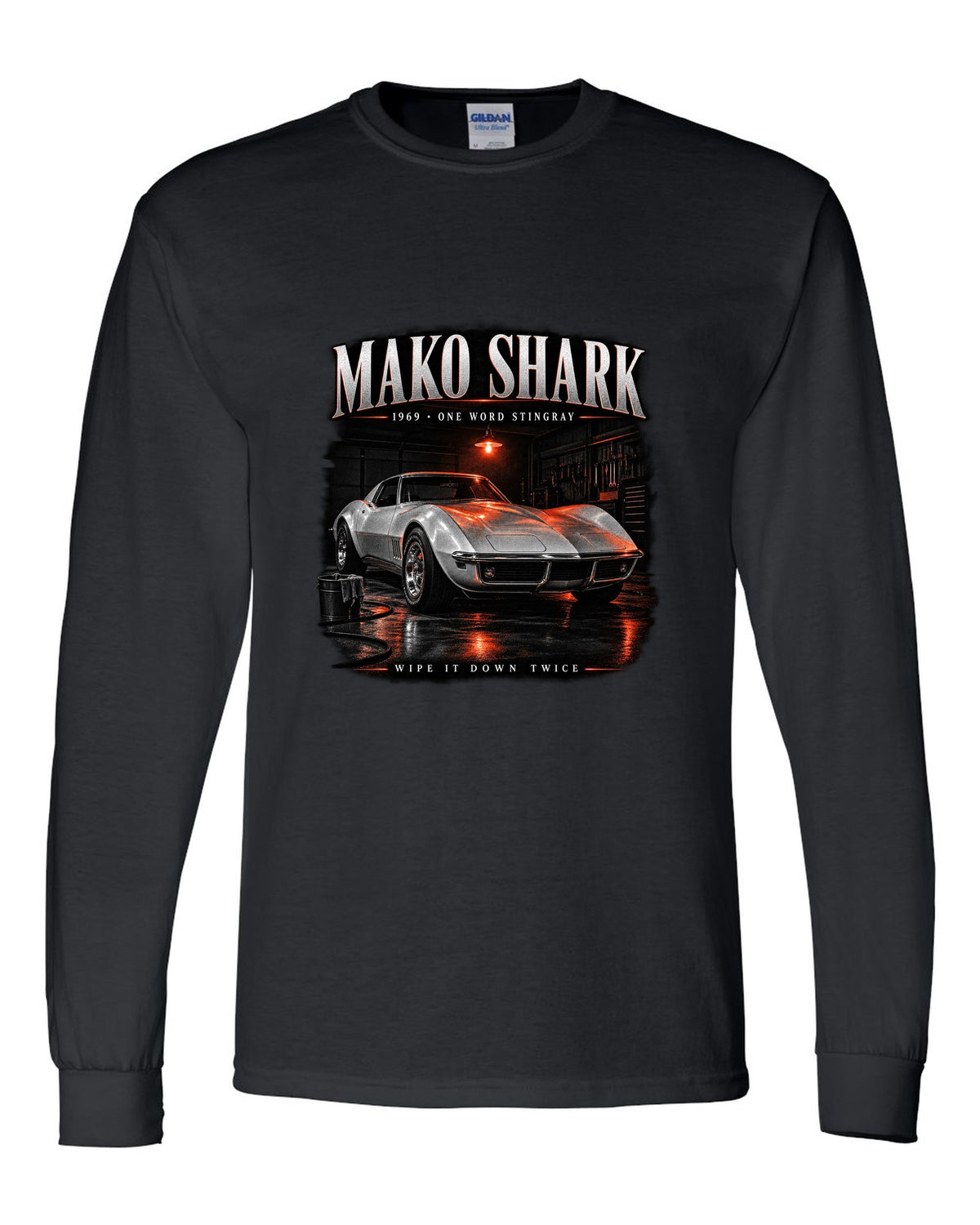Chevrolet Corvette C3 Stingray 1969 coupe garage night print Mako Shark black long sleeve front view with the design