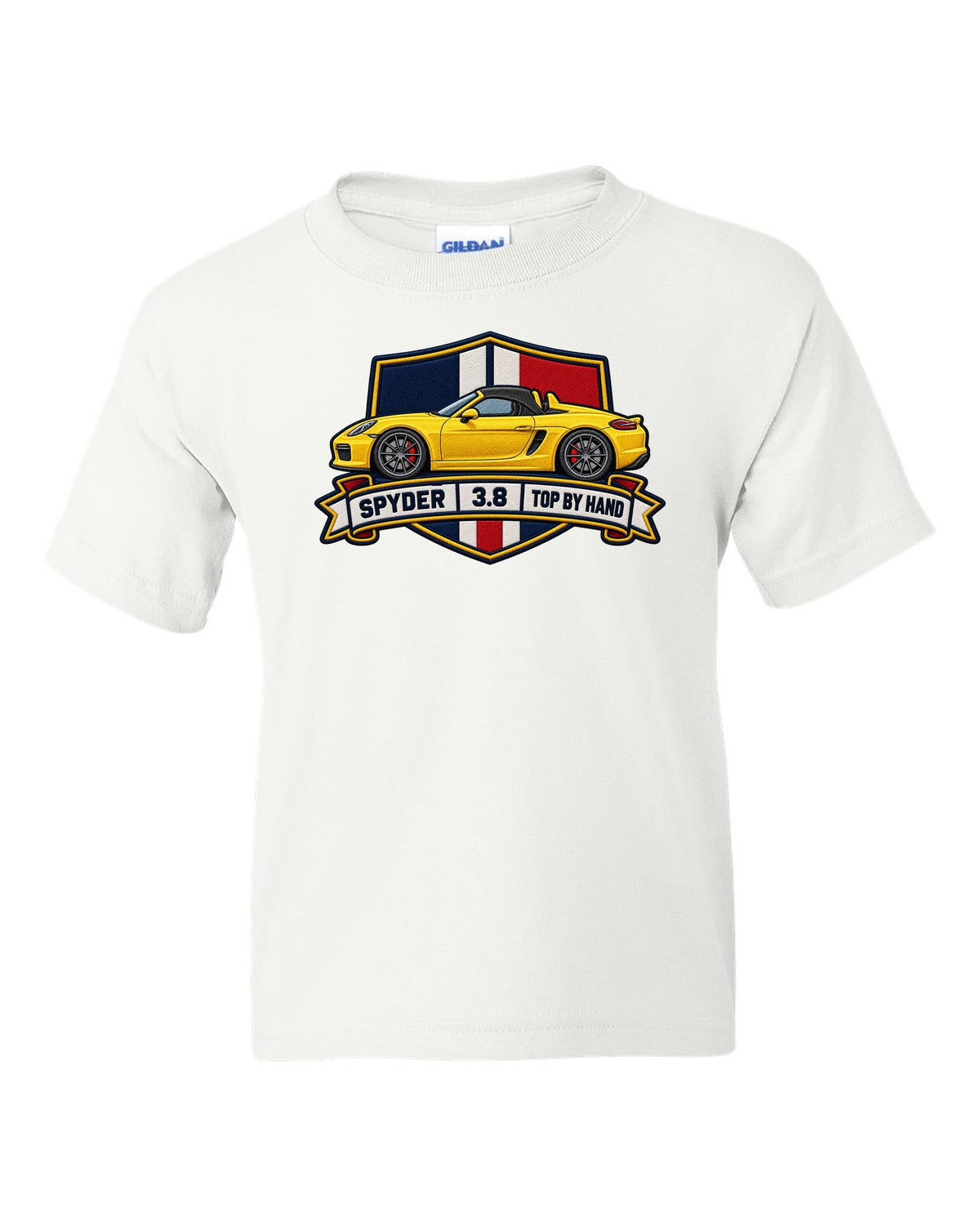 Embroidery-style crest design for the Porsche 981 Boxster Spyder with 3.8 and top by hand lettering white kids tee front view with the design