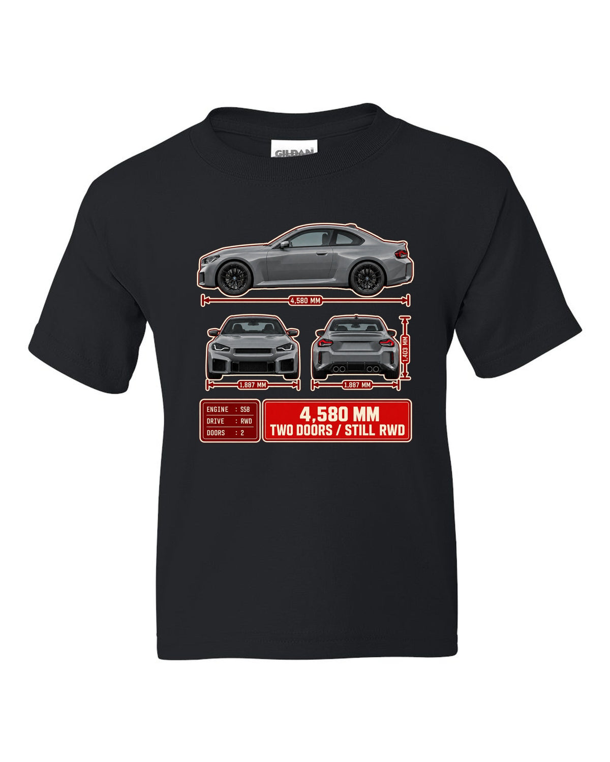 BMW M2 G87 three-view drawing with spec table noting 4,580 mm and rear-wheel drive black kids tee front view with the design