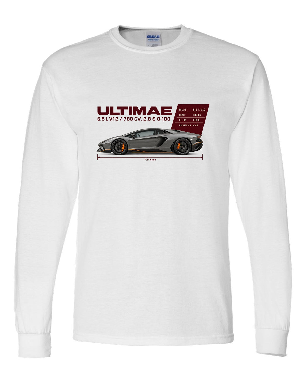 Spec poster print of the Lamborghini Aventador Ultimae with V12 figures white long sleeve front view with the design