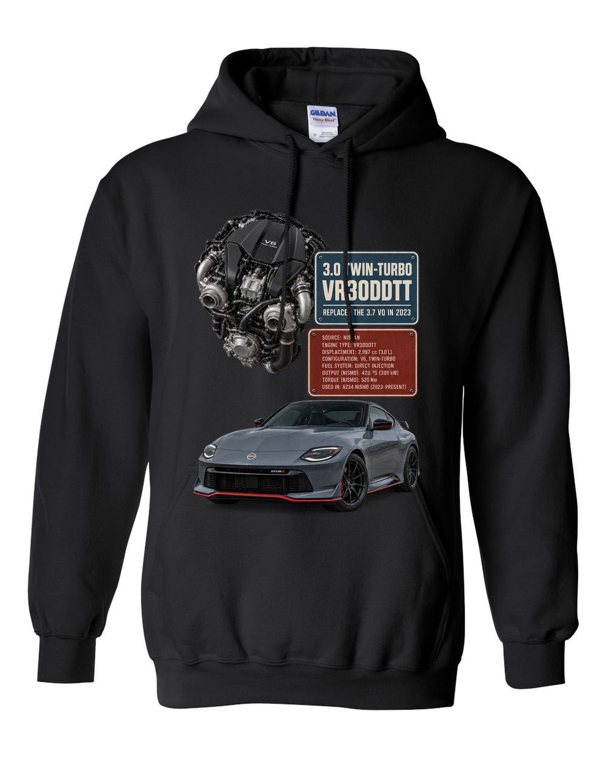 Three-view drawing and spec table of a 2023 Nissan Z RZ34 Performance in steel blue, six-speed manual black pull over hoodie front view with the design