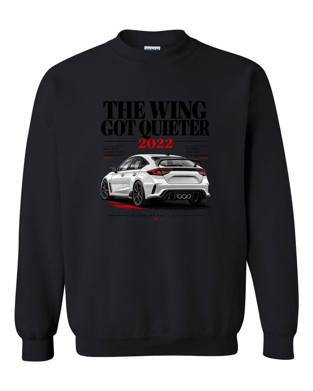 Honda Civic FL5 chback editorial headline design about the quieter rear wing black crewneck front view with the design
