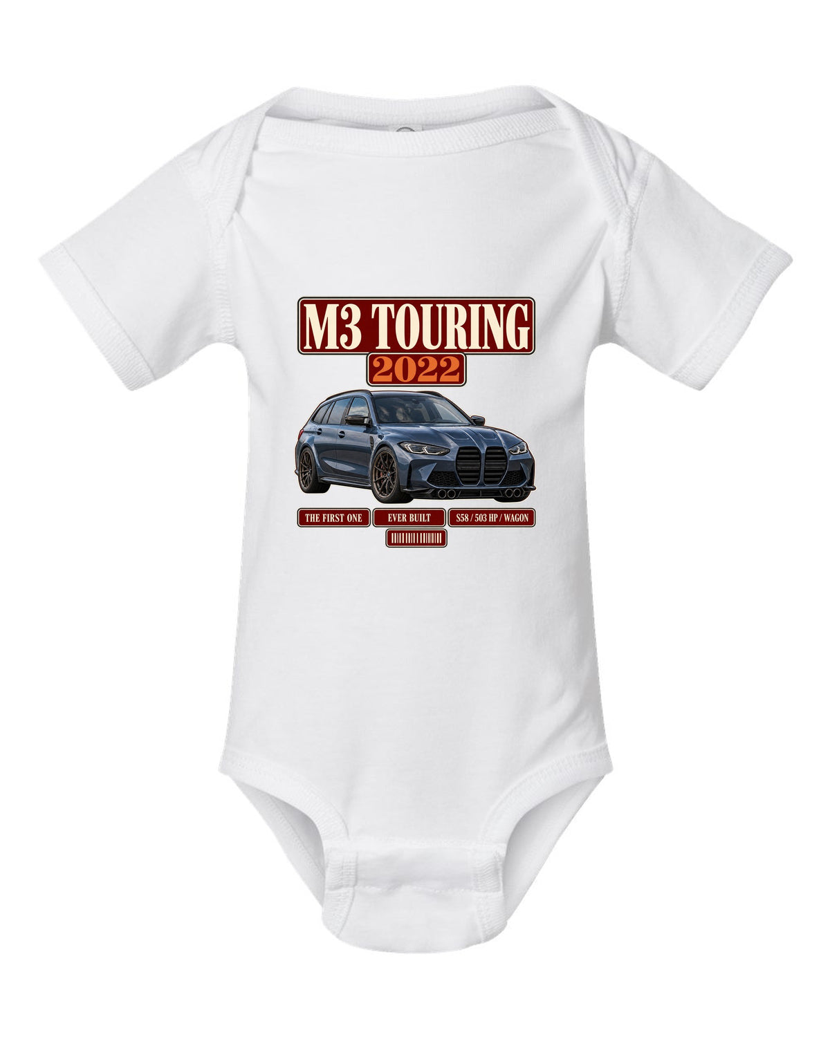 BMW M3 Touring G81 archive panel print with first ever built text white baby onesie front view with the design
