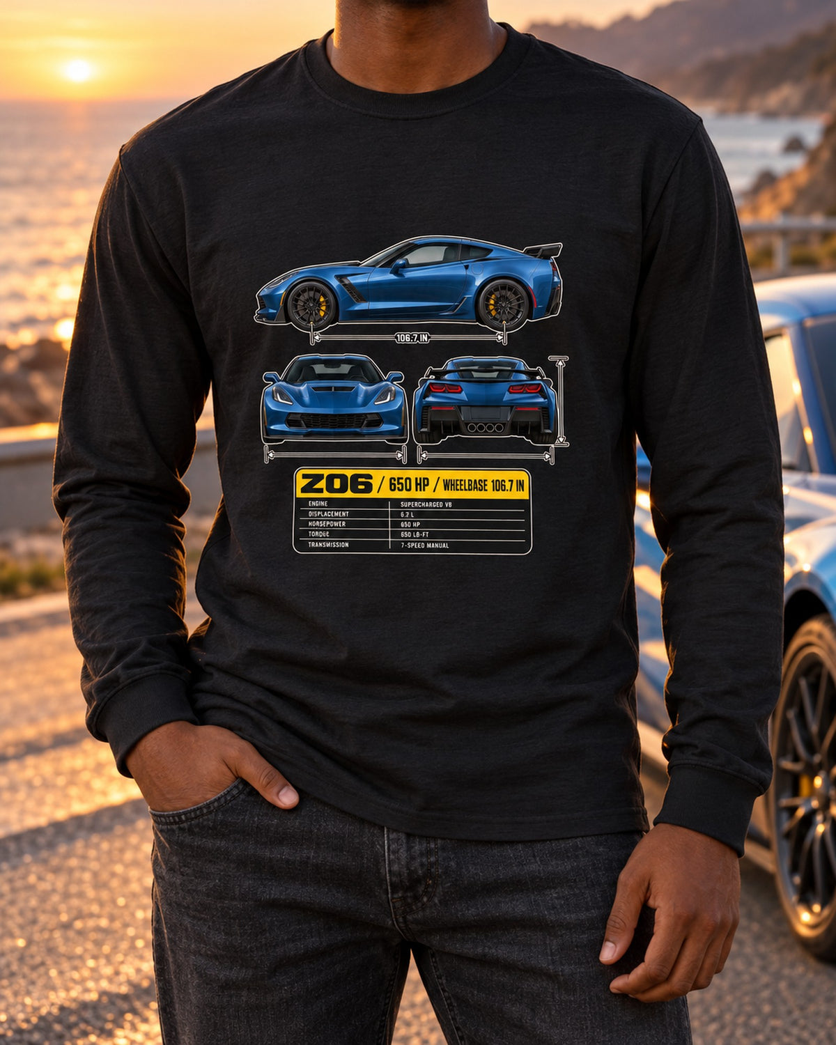 Corvette C7 Z06 Three-View Spec Table Shirt, Car Guy Gift Long Sleeve Black worn hero