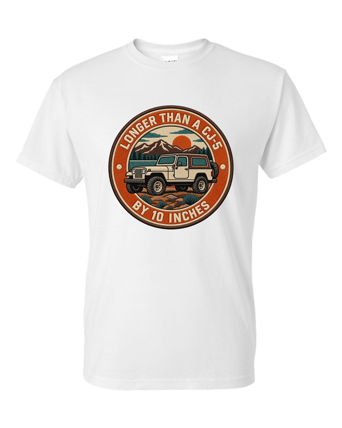 Embroidery-style varsity crest print of a Jeep CJ-7 with wheelbase text white t-shirt front view with the design