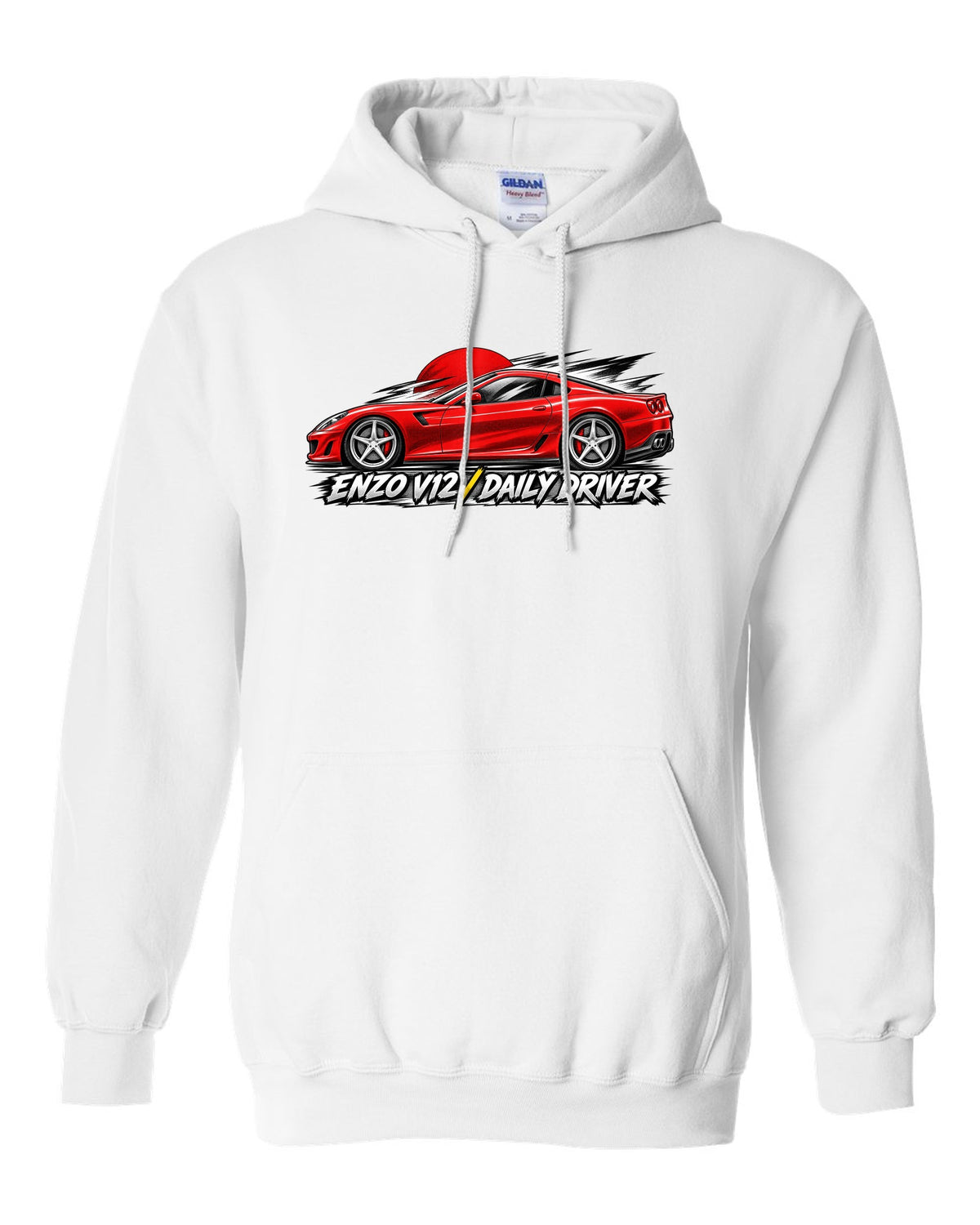 Retro manga halftone panel print of a Ferrari 599 GTB with Enzo V12 and Daily Driver lettering white pull over hoodie front view with the design