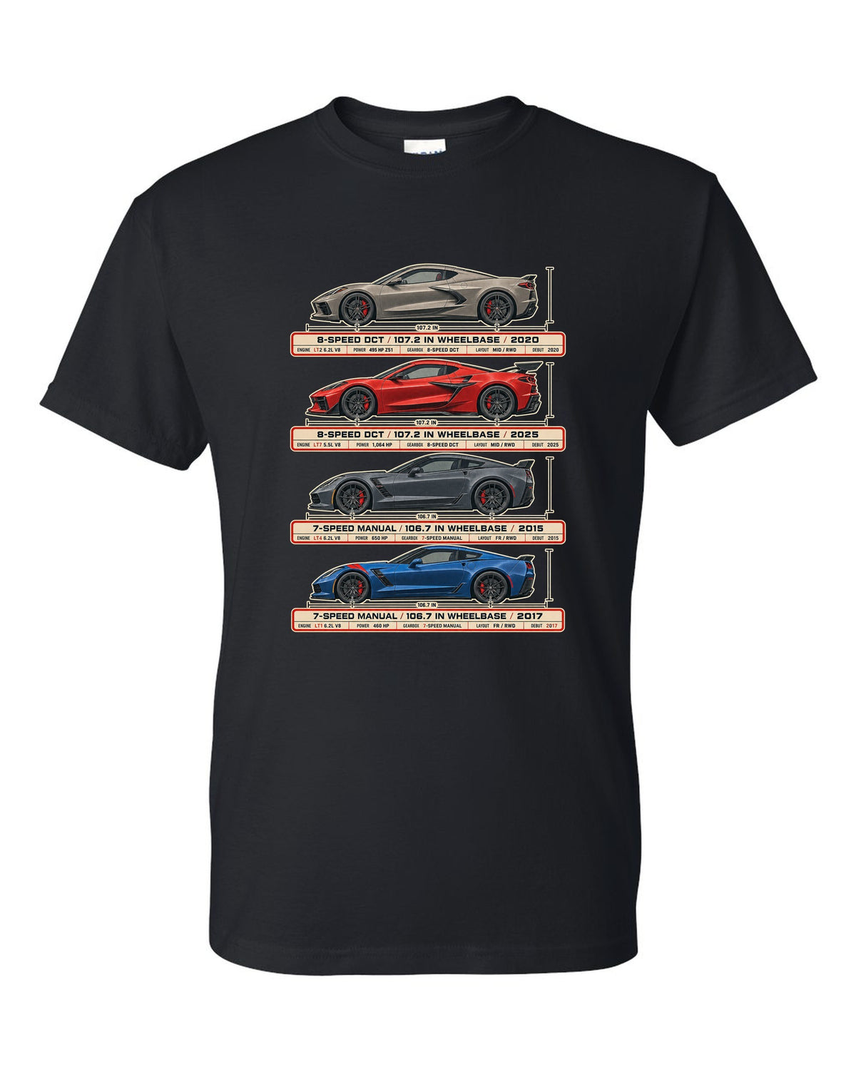 print of a Chevrolet Corvette C8 Stingray spec poster showing DCT and wheelbase figures black t-shirt front view with the design