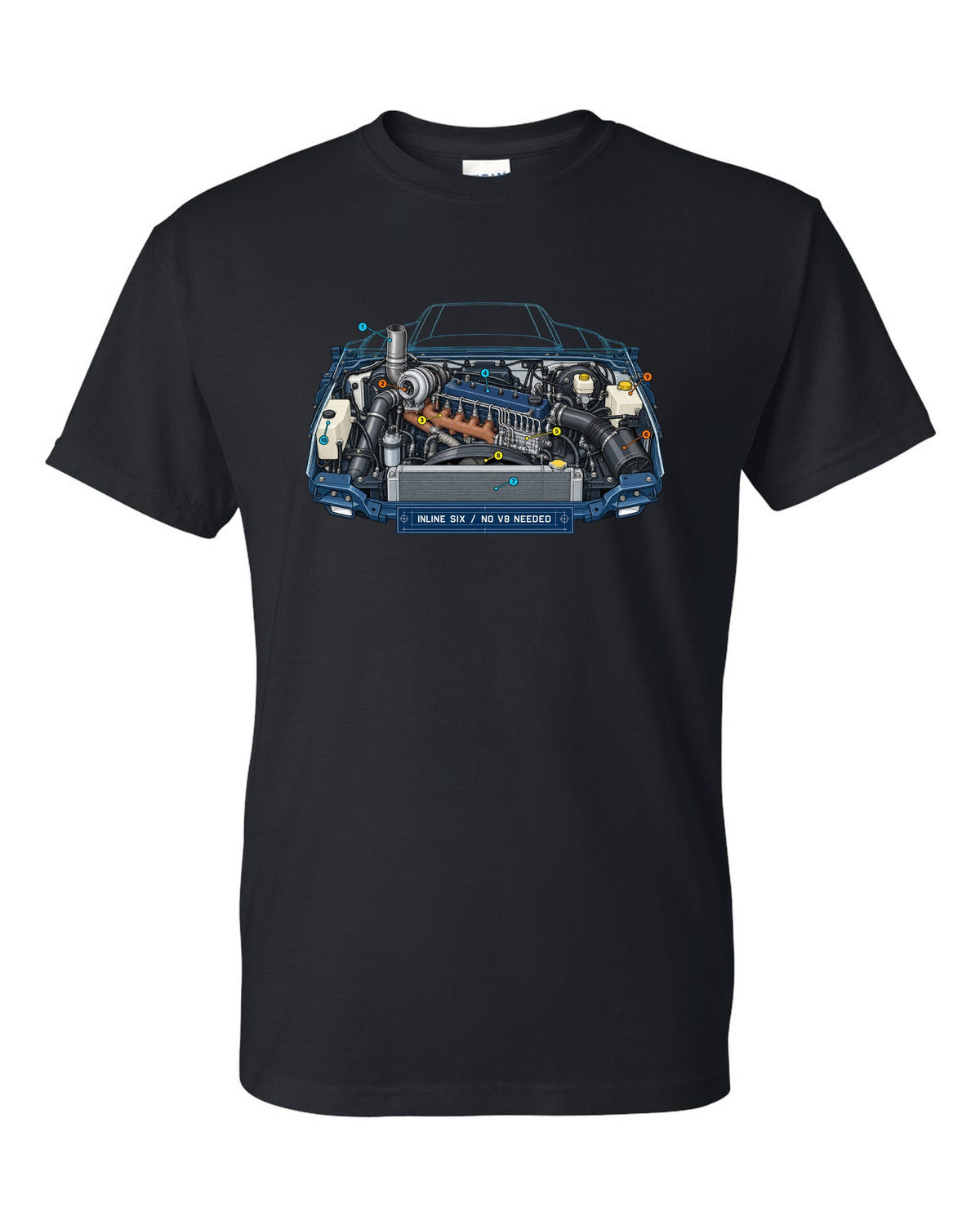 Blueprint-style print of a 1994-1998 Dodge Ram 2nd gen 5.9 inline-six diesel engine bay black t-shirt front view with the design