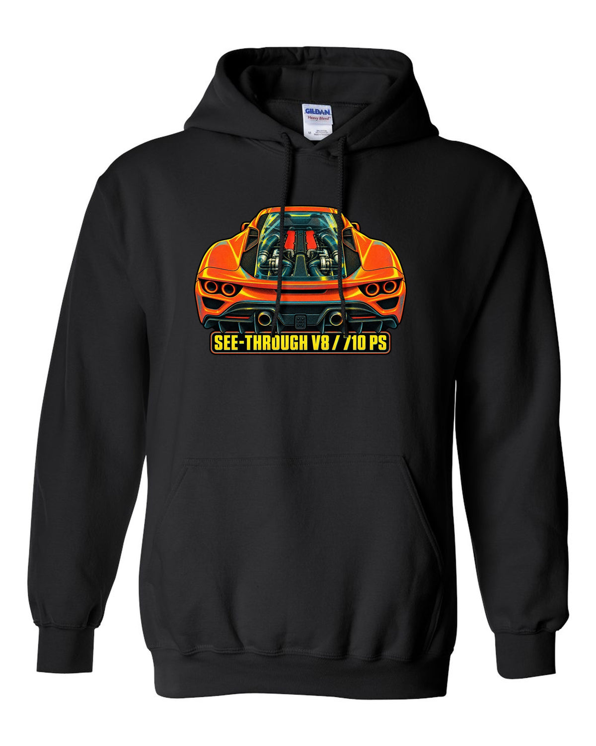 Risograph style print of the Ferrari F8 Tributo transparent engine cover and V8 black pull over hoodie front view with the design
