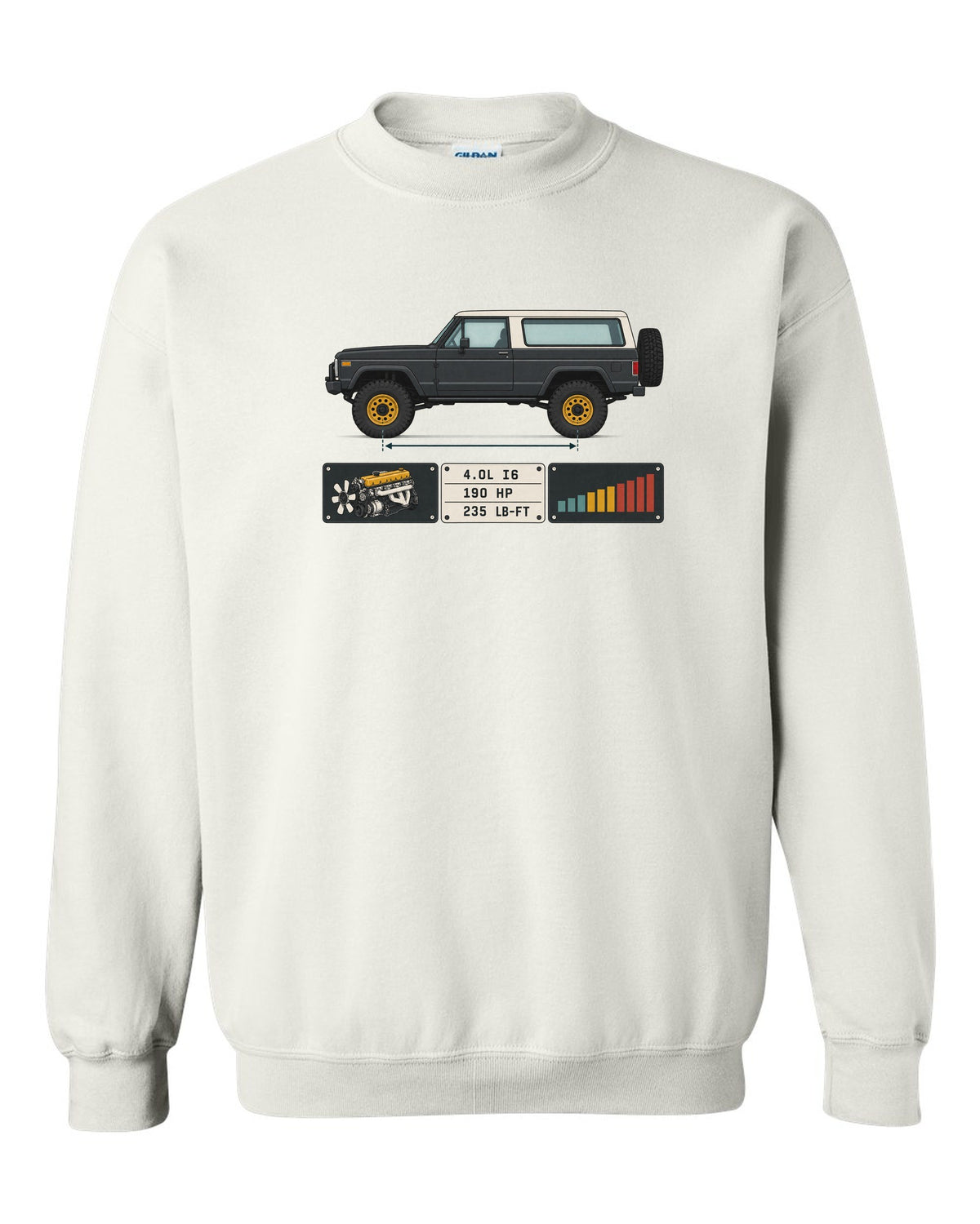 Jeep Wrangler LJ Unlimited spec sheet data plate design with 4.0L I6 190 HP 235 lb-ft white crewneck front view with the design