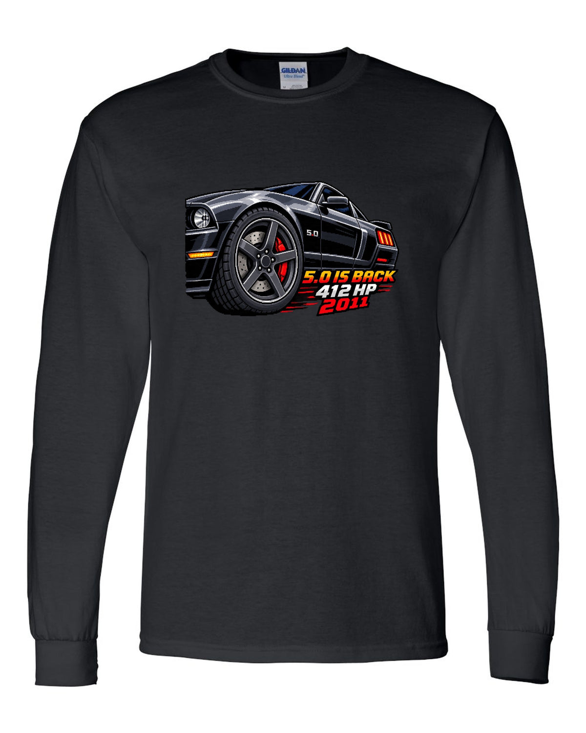 16-bit pixel art print of a Ford Mustang S197 GT wheel with 5.0 is back 412 HP text black long sleeve front view with the design