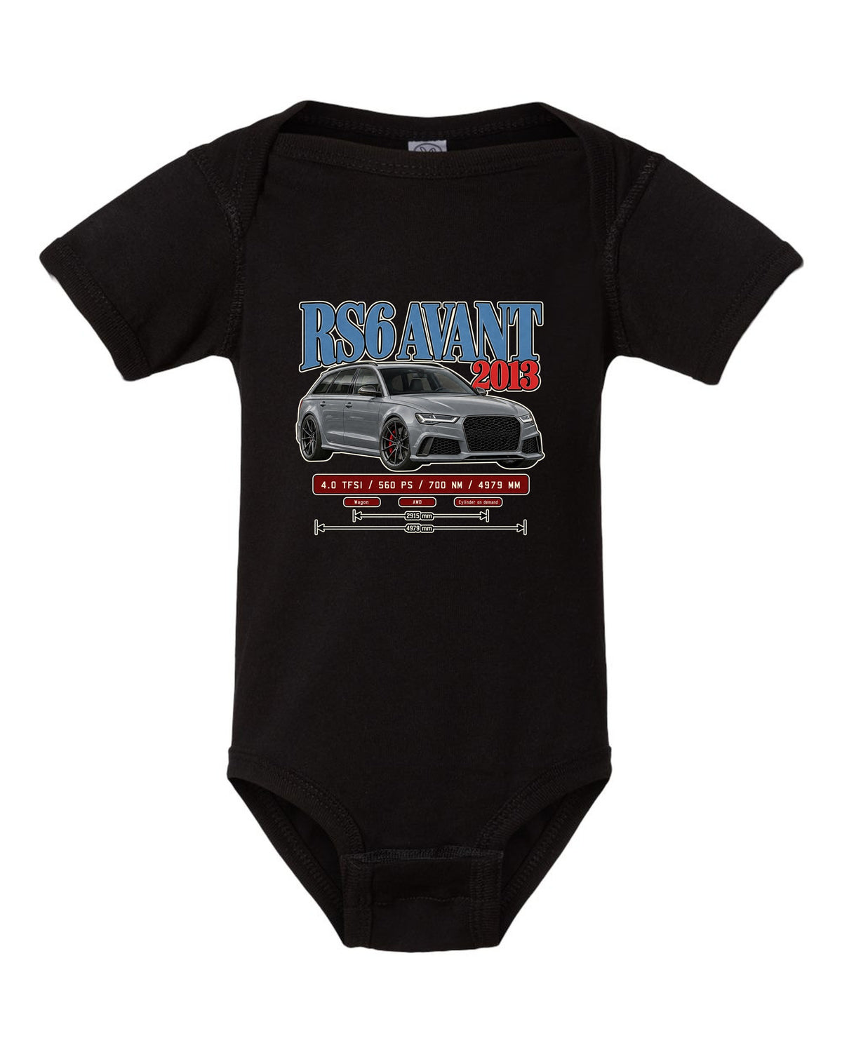 Audi RS6 Avant C7 2013 archive panel print black baby onesie front view with the design
