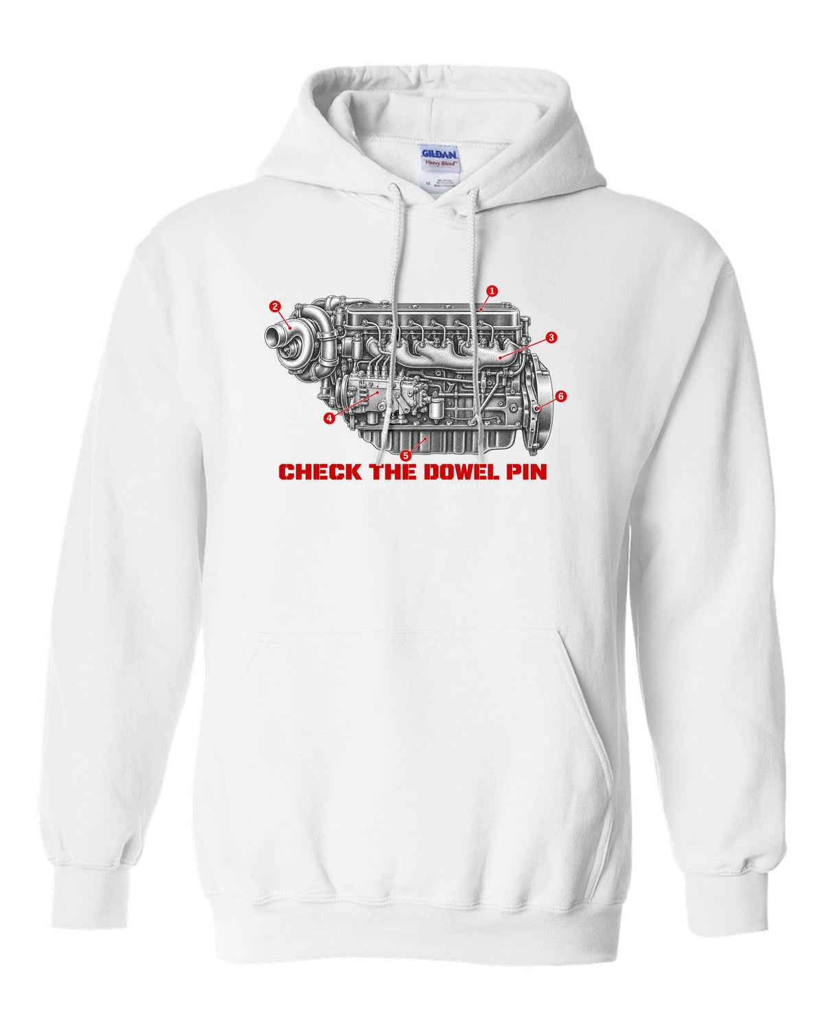 Engine hero print of a 1994-98 Ram 2500 5.9L 12-valve Cummins inline six white pull over hoodie front view with the design