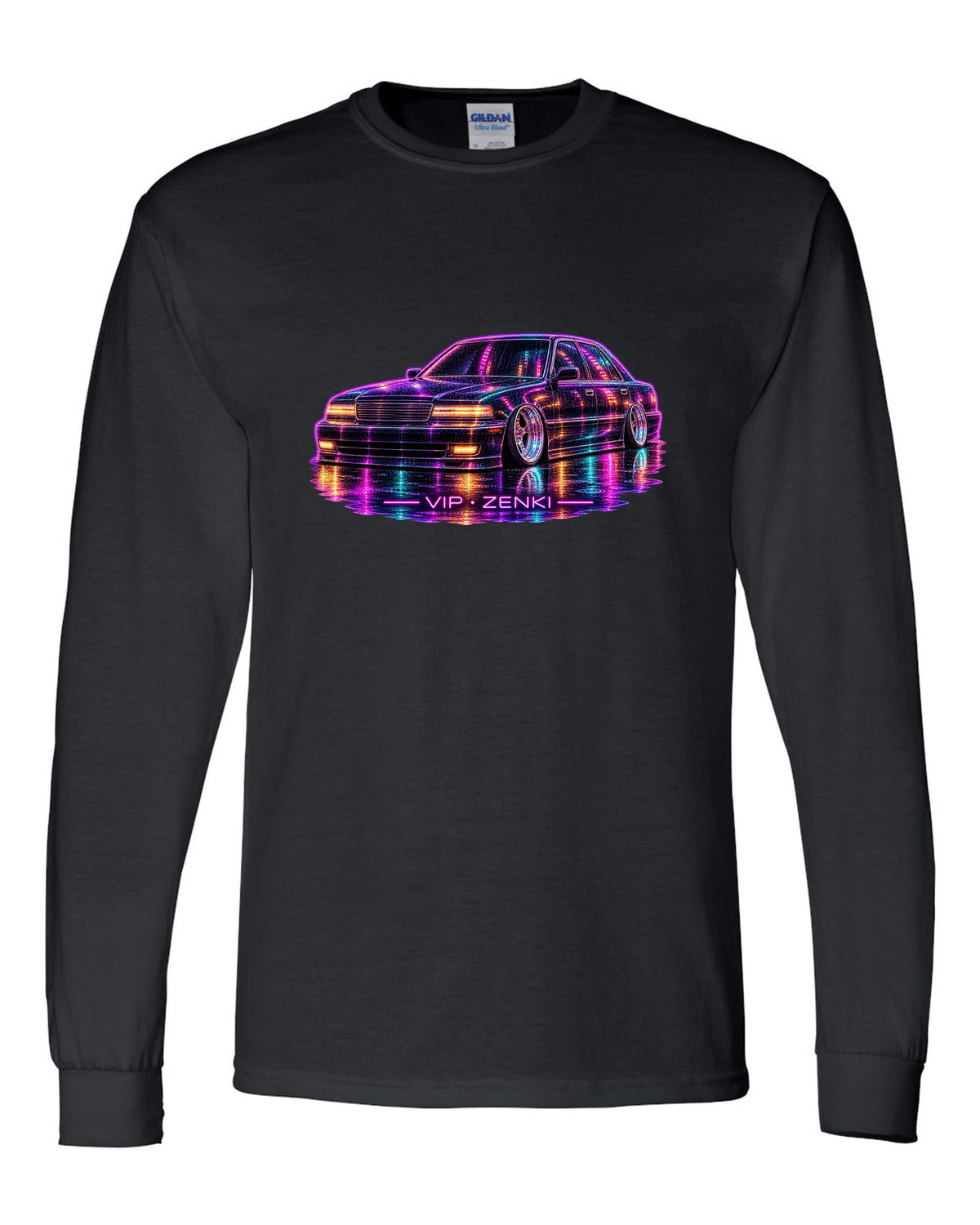 Neon line illustration of a slammed Japanese luxury sedan in the rain with VIP ZENKI lettering black long sleeve front view with the design