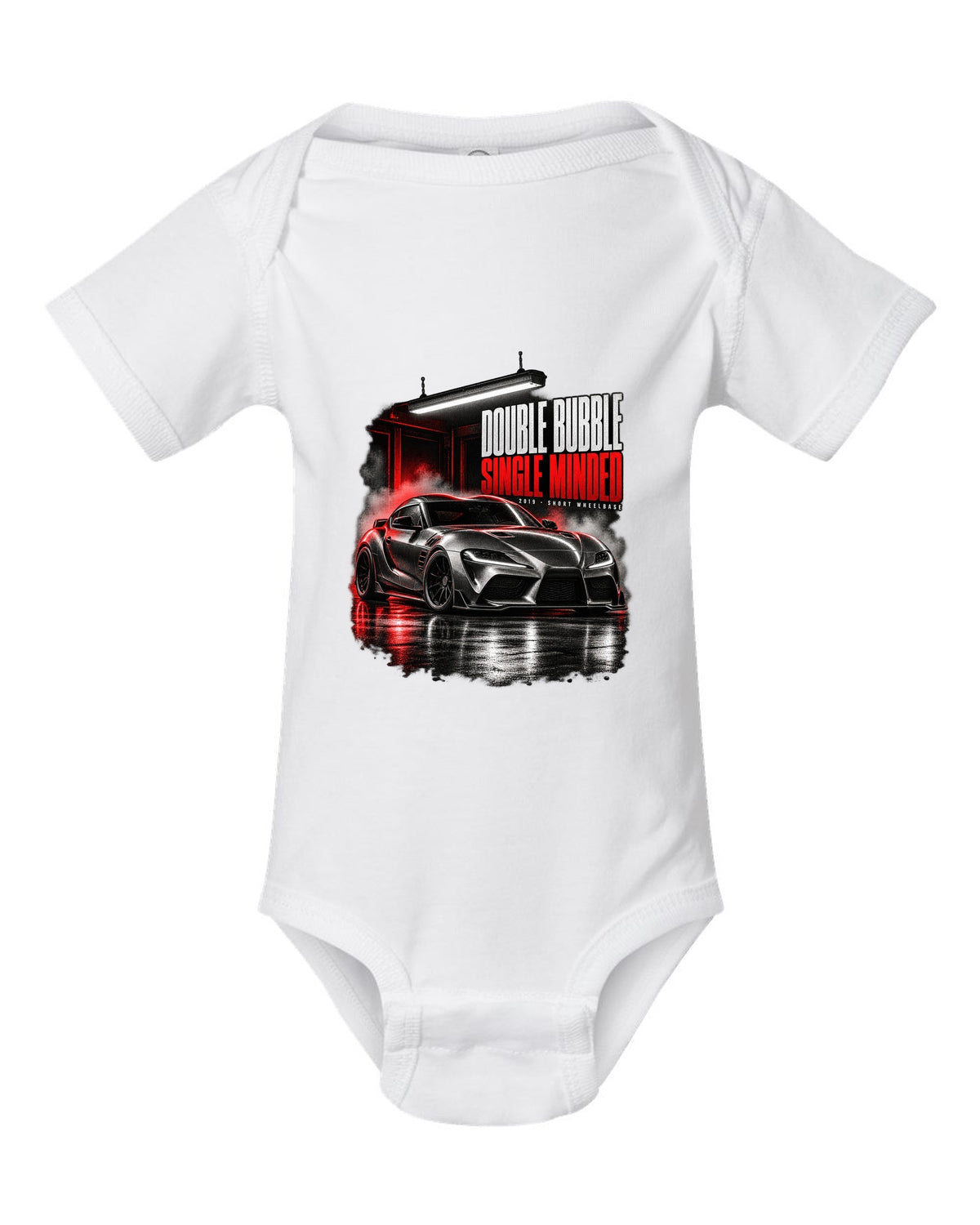 Garage night print of a Toyota GR Supra A90 with the text Double Bubble Single Minded white baby onesie front view with the design