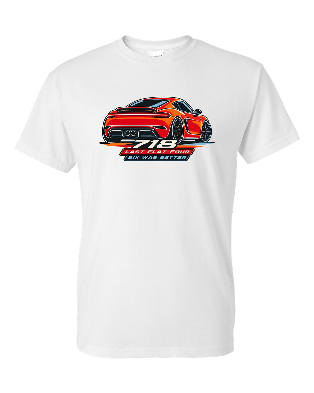 Minimalist continuous line art print of a Porsche 718 Cayman 982 taillight with the text 718, last flat-four, six was better white t-shirt front view with the design