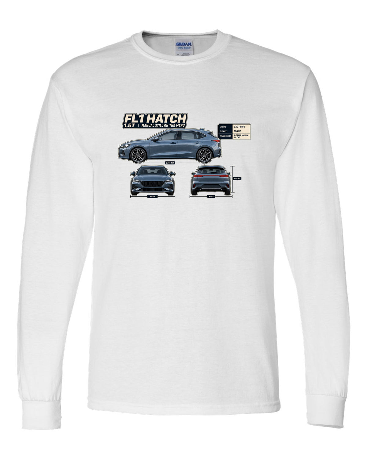 Honda Civic chback FL1 three-view spec table print white long sleeve front view with the design